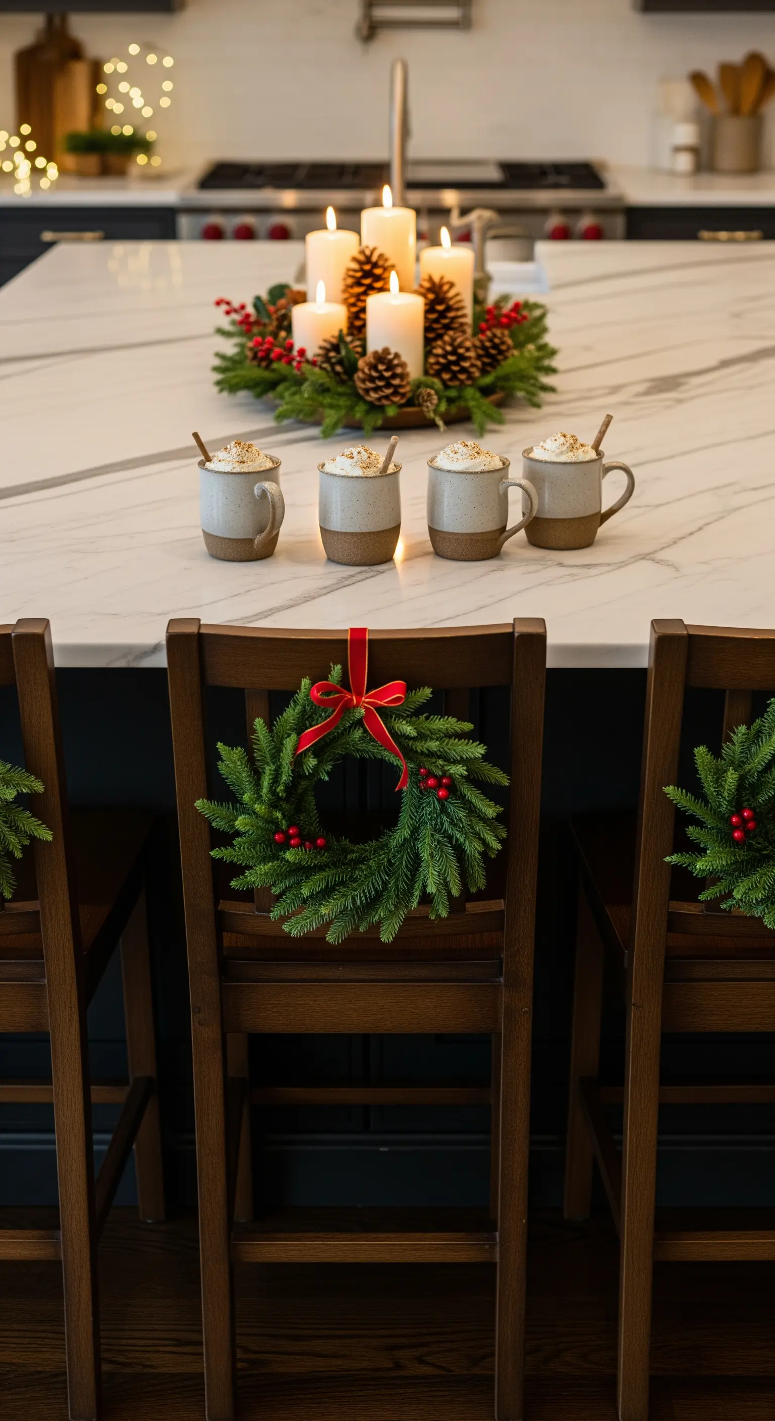 Kücheninsel mit Kerzen-Centerpiece und Kränzen an Stuhllehnen, festlich beleuchtet