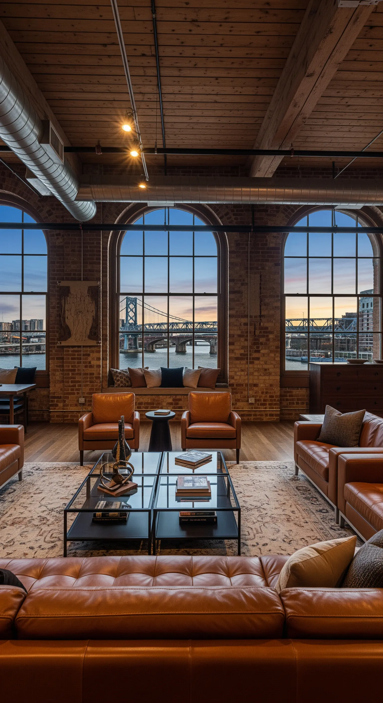 Loft-Wohnzimmer mit mehreren Ledersesseln auf einem großen Teppich vor Bogenfenstern