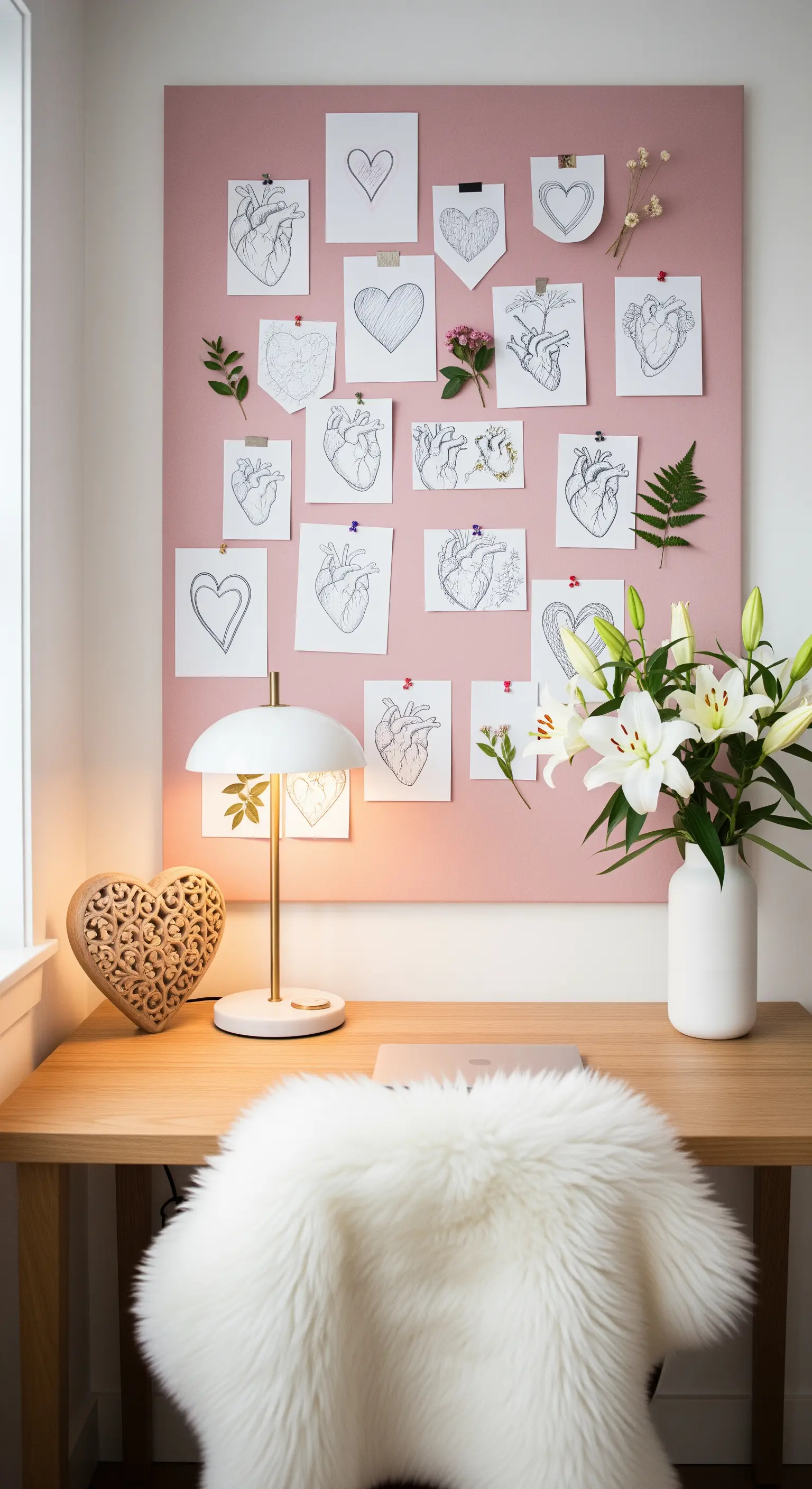 Homeoffice mit rosafarbener Pinnwand voller Herz-Skizzen, Holzschreibtisch und Lilien
