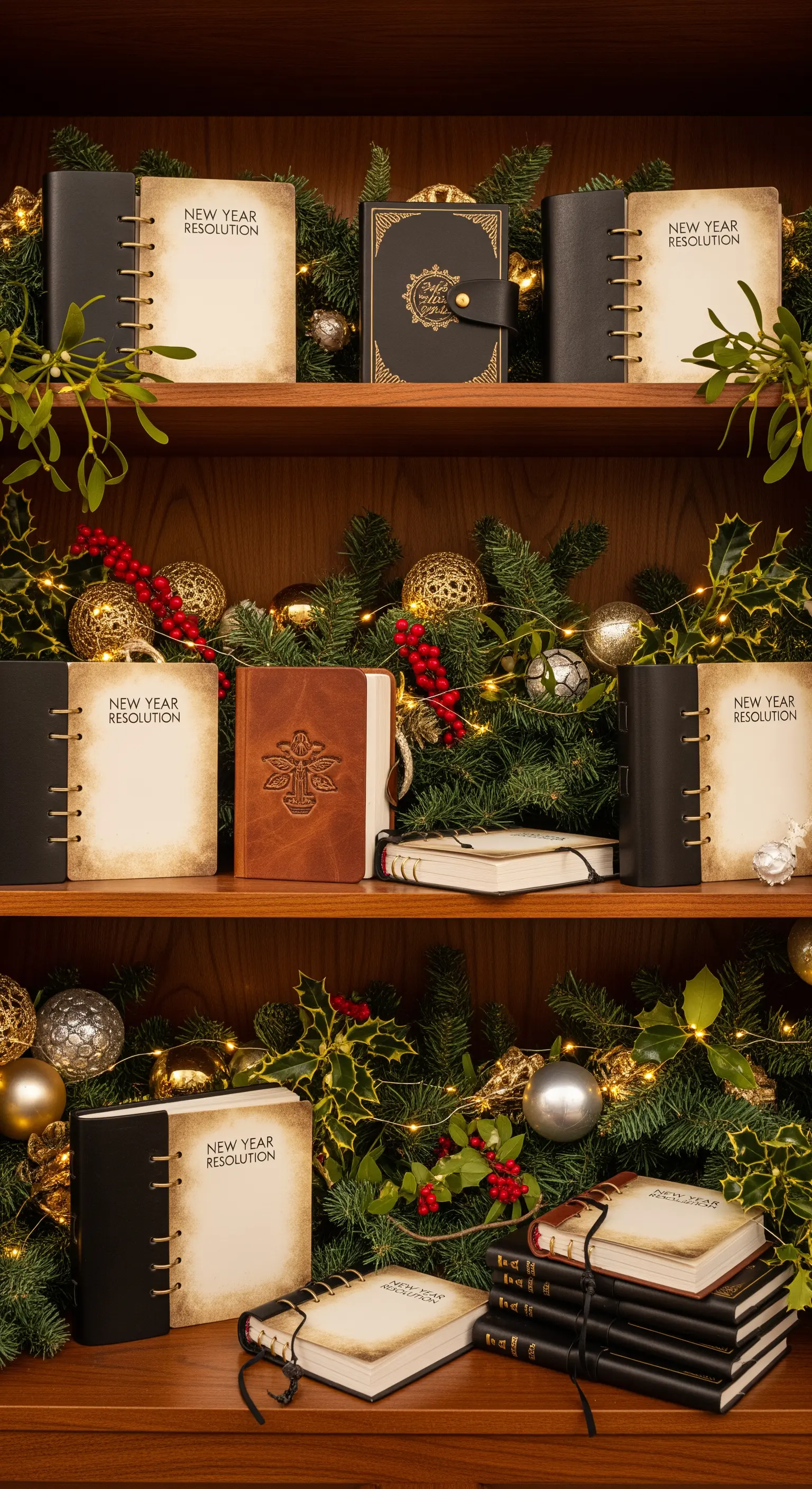 Bücherregal mit festlicher Weihnachtsdeko, Notizbücher mit