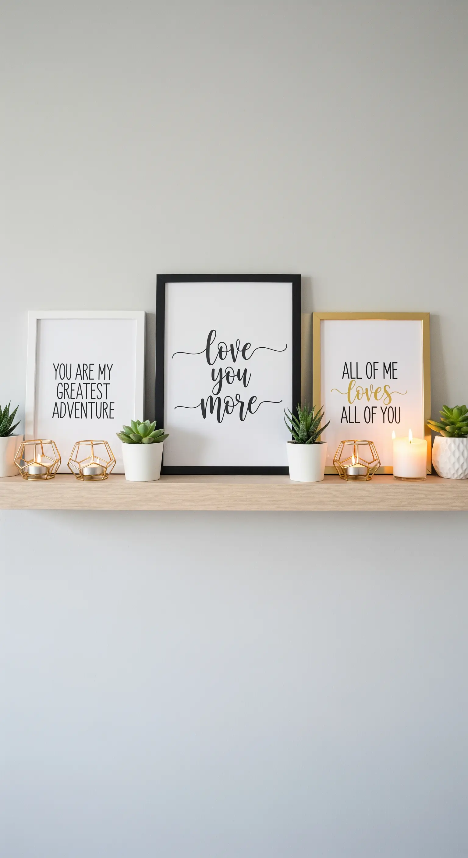 Wandregal mit gerahmten Sprüchen, Sukkulenten und Teelichtern