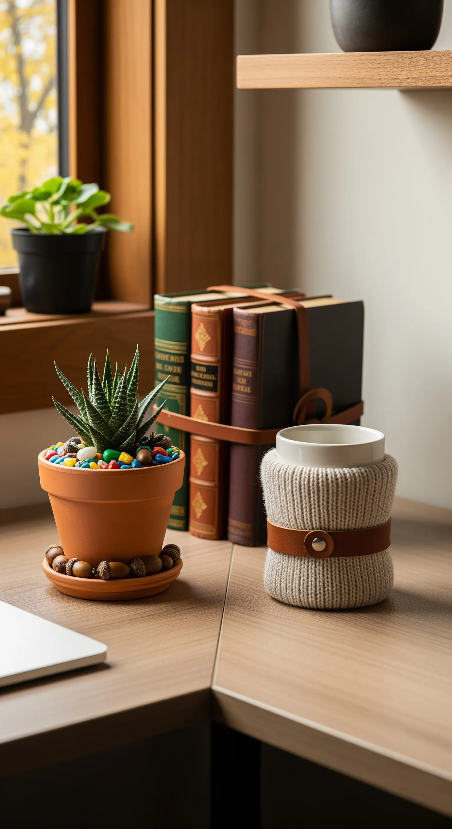 Schreibtisch mit Sukkulente, gestapelten Büchern, gestrickter Tasse.