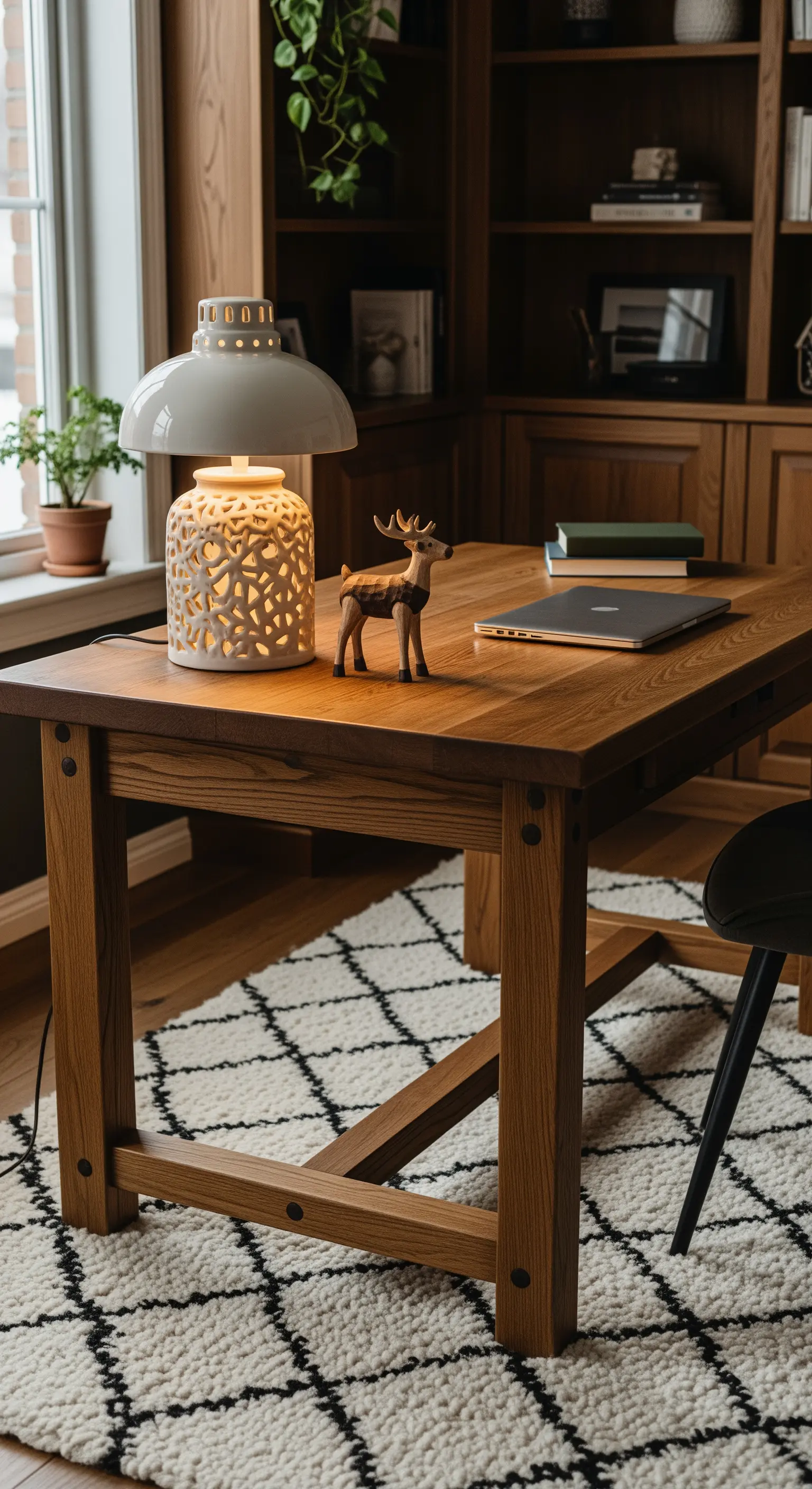Holzarbeitsplatz mit Keramiklampe, Hirsch-Figur, Pflanzen und gemustertem Teppich.