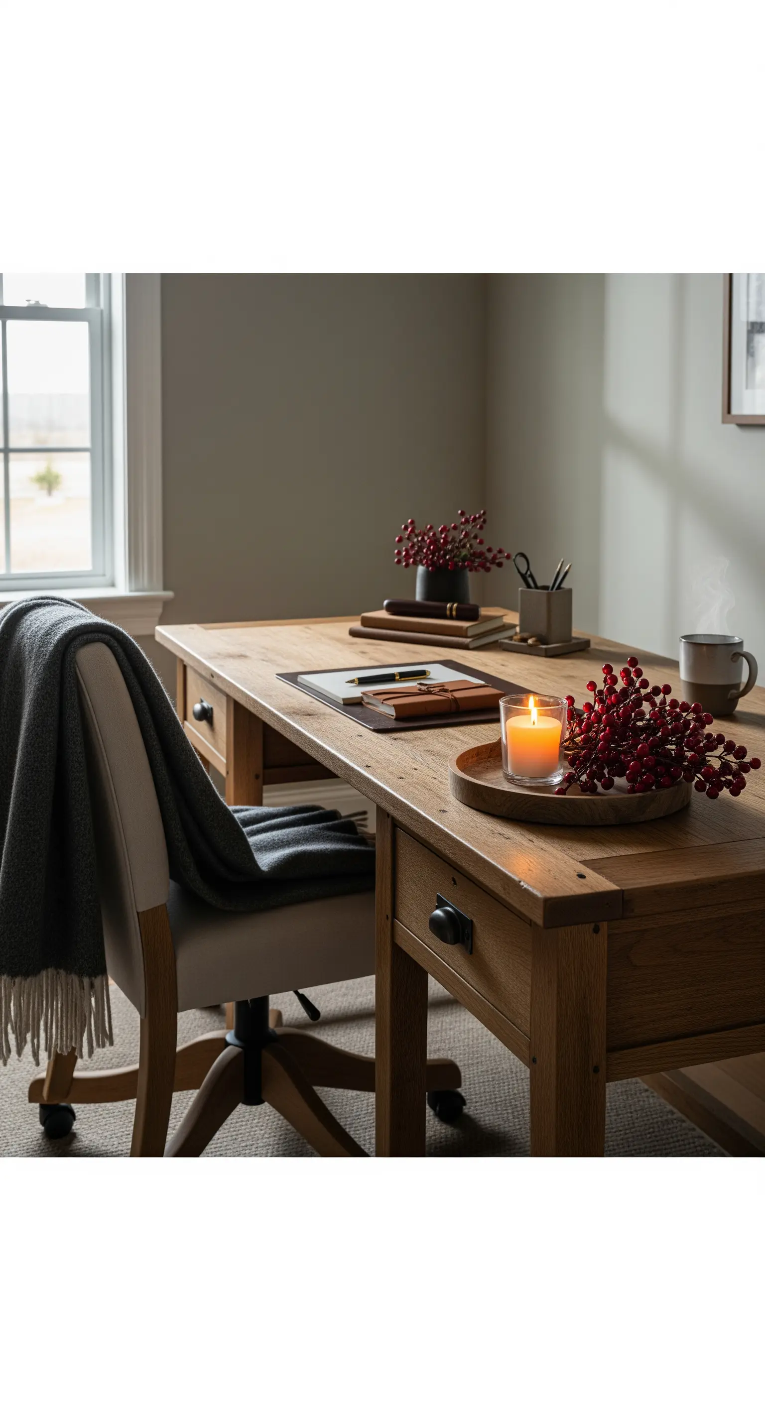 Schreibtisch, Kerze, rote Beeren, graue Decke