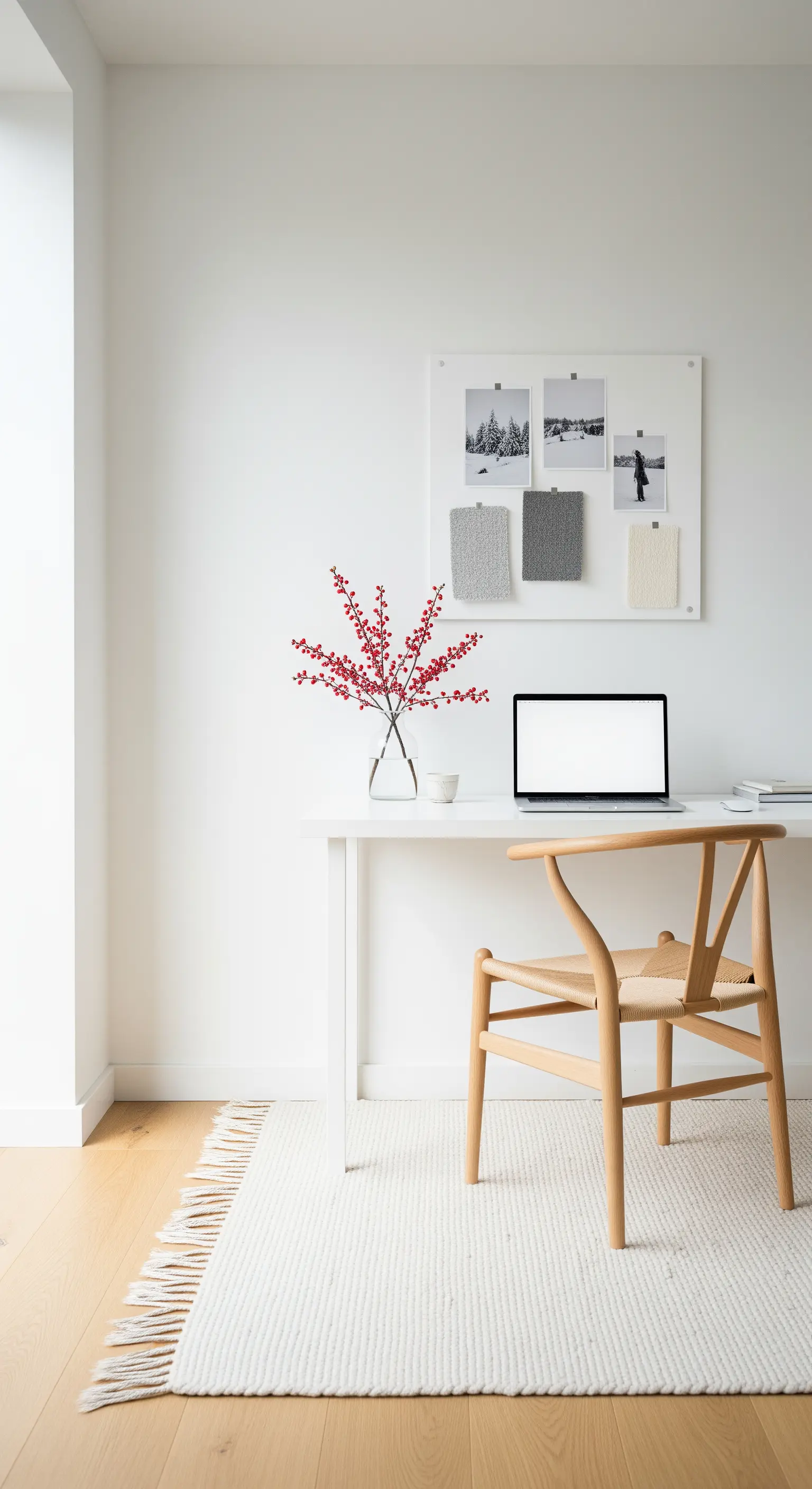 Minimalistisches Home Office mit rotem Beerenstrauß und Moodboard