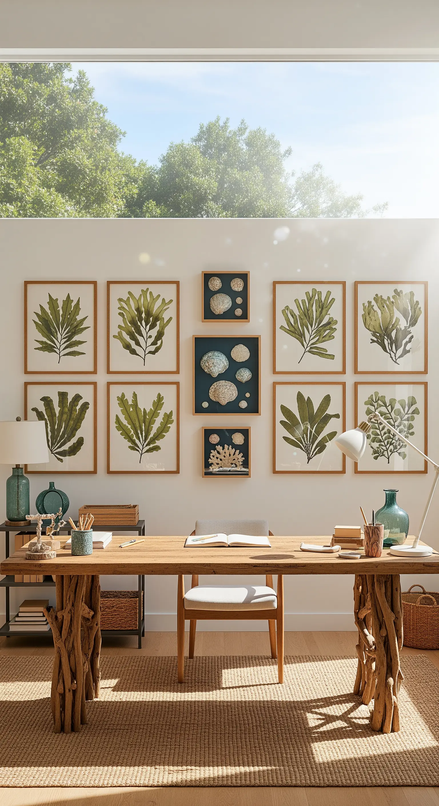Homeoffice mit Algen- und Muschelbildern, Treibholz-Schreibtisch am großen Fenster