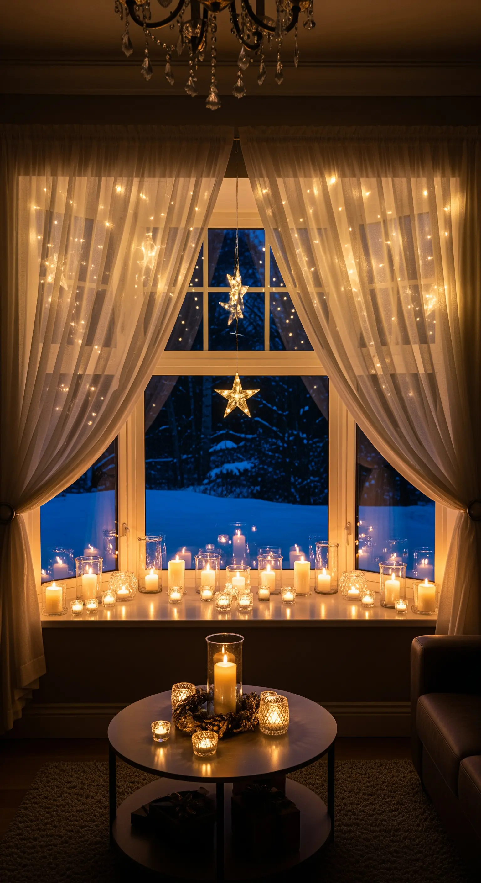 Fenster mit Lichterketten hinter Vorhängen und einer Ansammlung von Kerzen auf der Fensterbank.