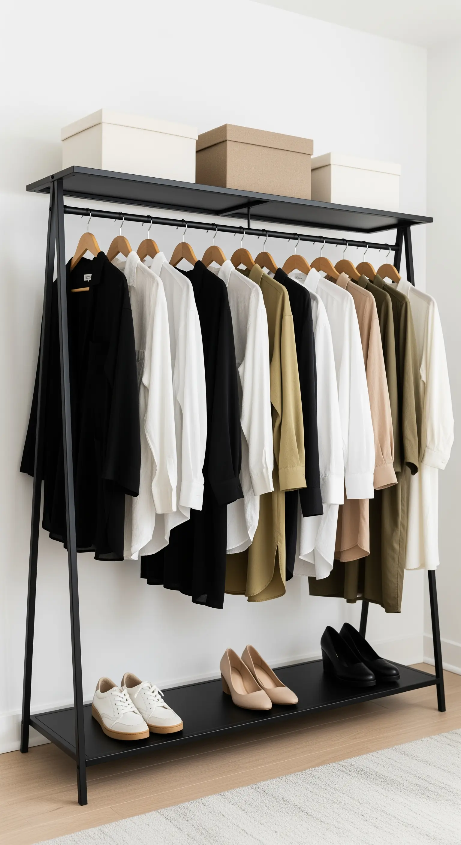 Offener schwarzer Kleiderständer mit farblich sortierten Hemden und Blusen.