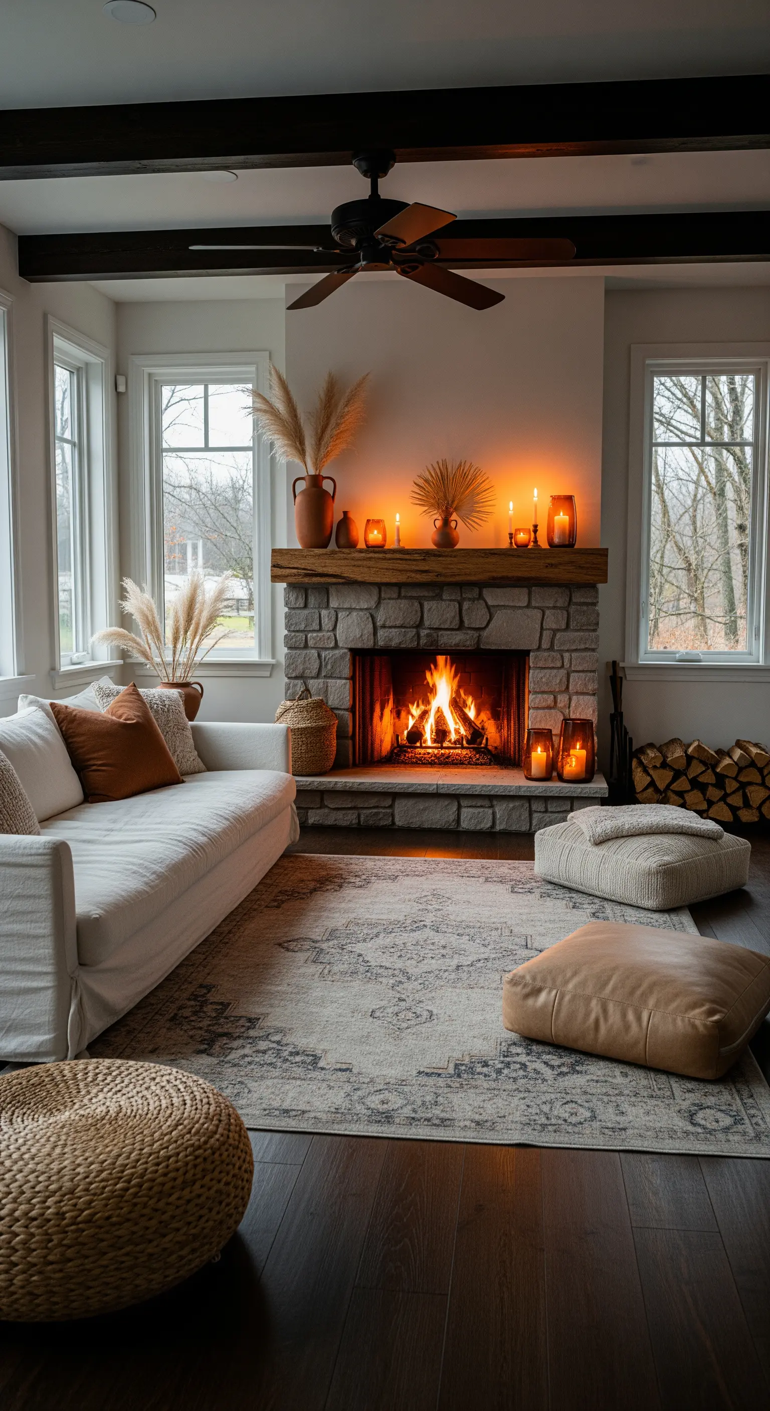 Rustikaler Kamin mit Kerzen, Pampasgras und gemütlichen Bodenkissen davor.