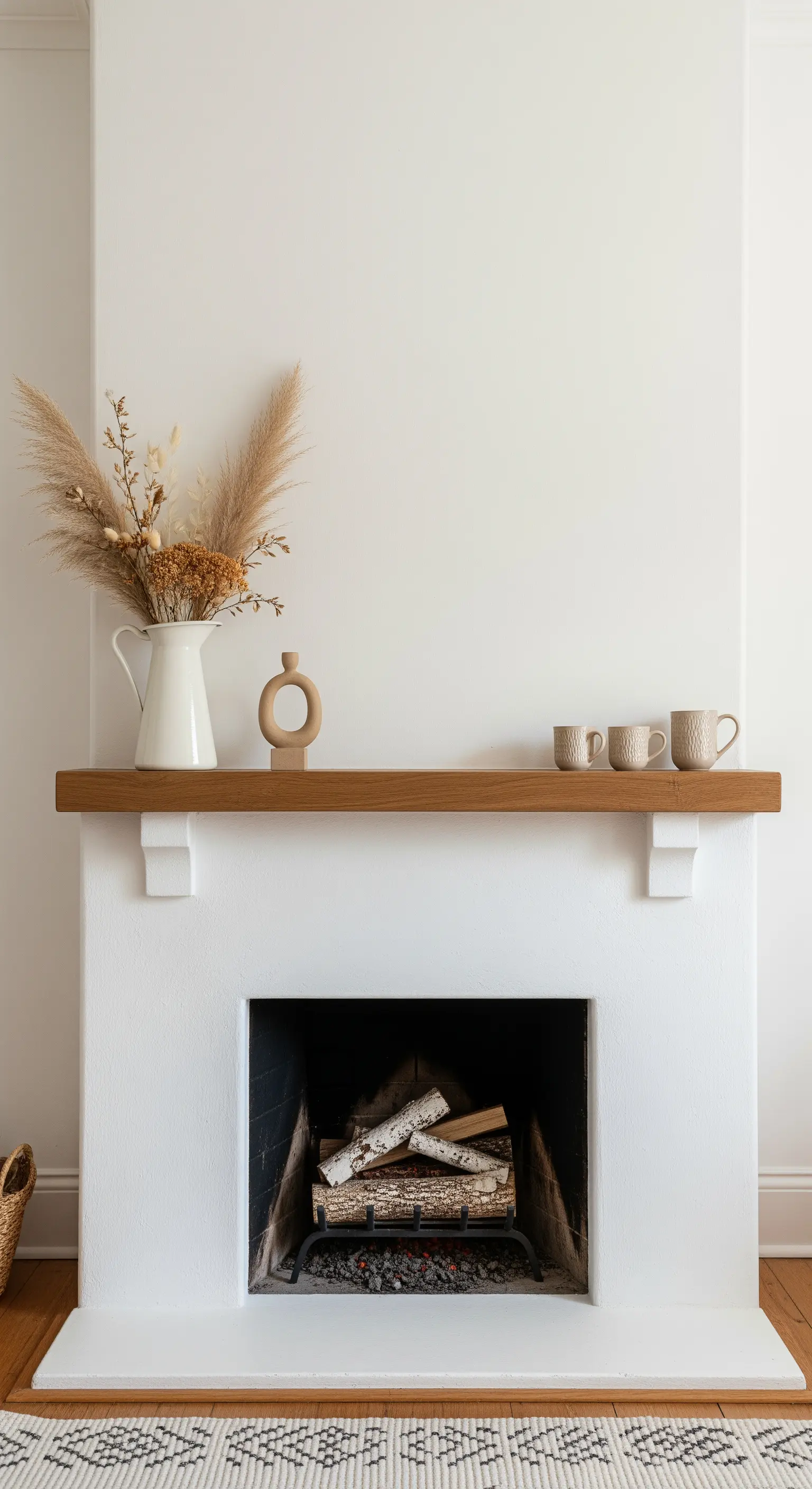 Minimalistisch dekorierter Kaminsims mit Trockengräsern in einer weißen Vase und kleinen Keramiktassen.