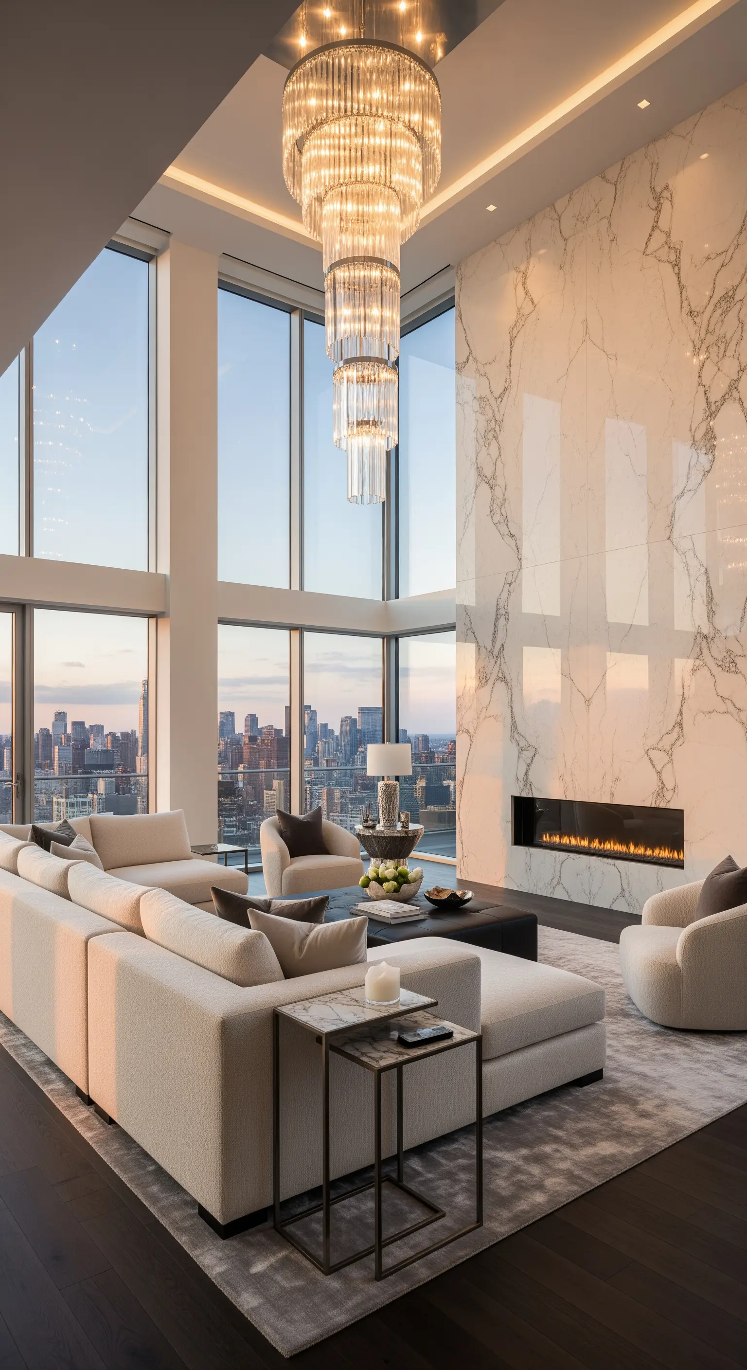 Hohes Wohnzimmer mit großem Kronleuchter und Marmorkaminwand vor einer Skyline.