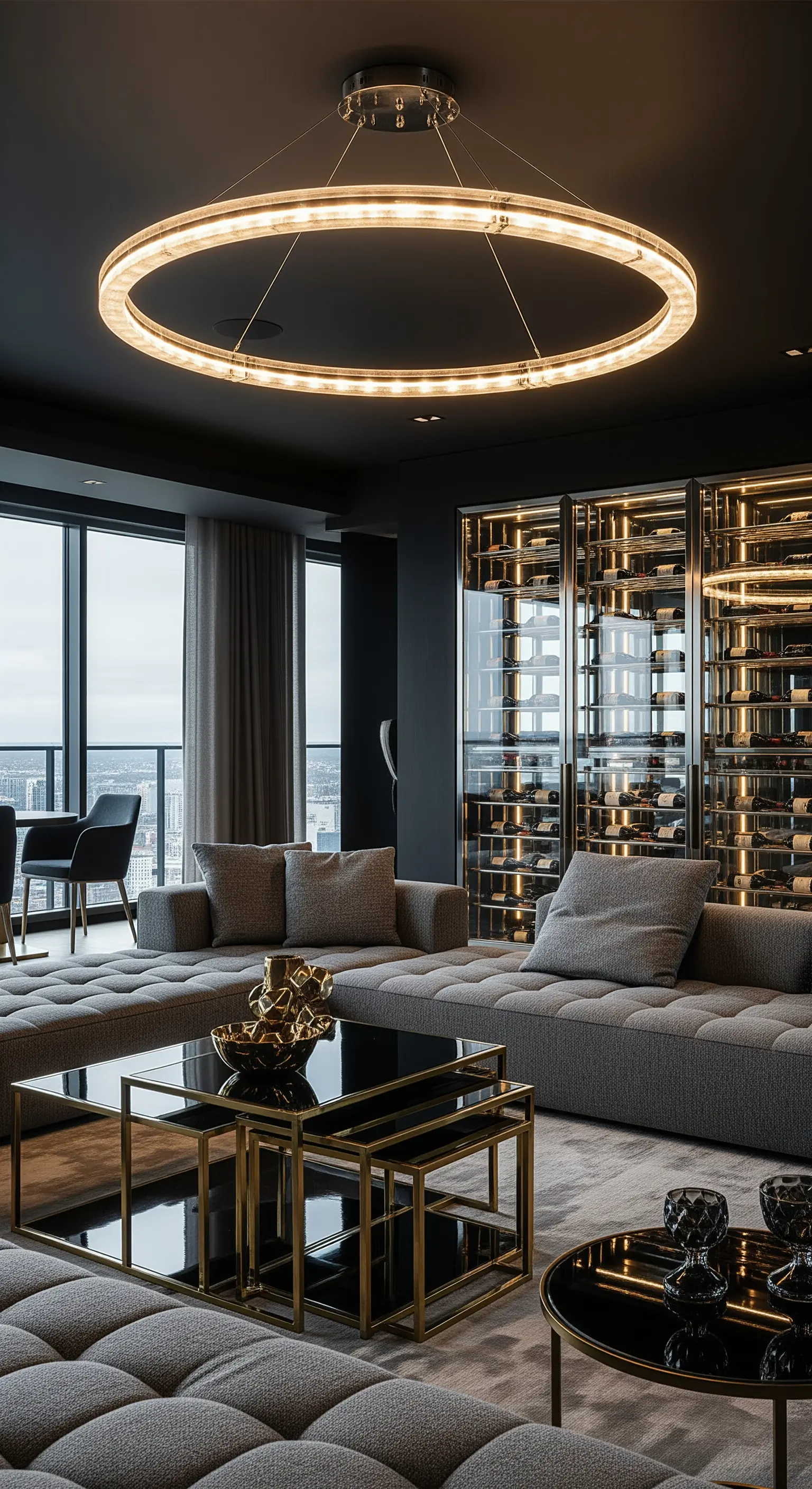 Große, leuchtende Ring-Hängeleuchte in einem dunklen, luxuriösen Wohnzimmer mit Weinschrank.