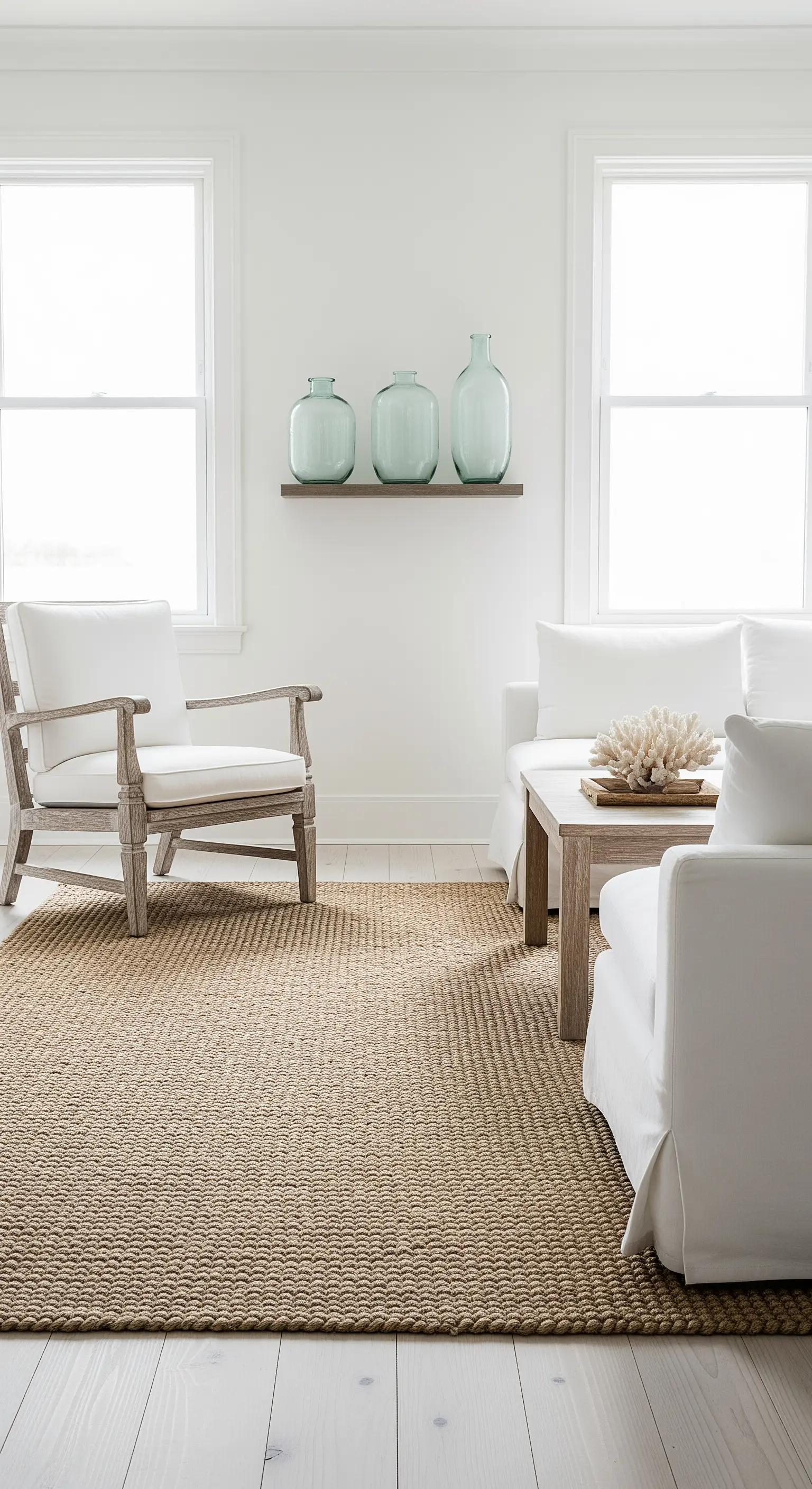 Helles Wohnzimmer mit weißen Möbeln und drei meergrünen Glasvasen auf einem Regal