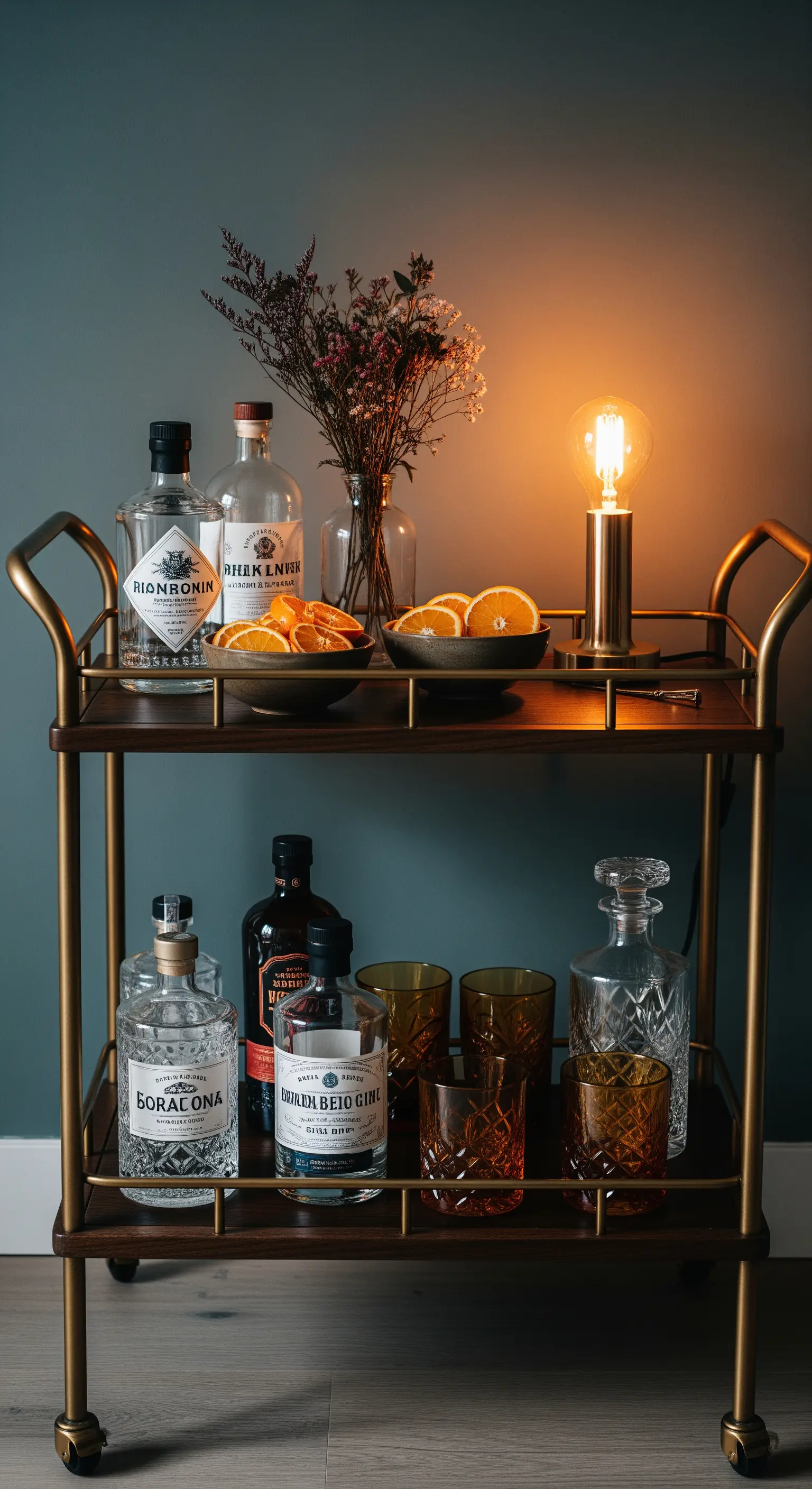 Ein stilvoller Barwagen mit einer kleinen Lampe, Gläsern und einer Schale mit Orangenscheiben