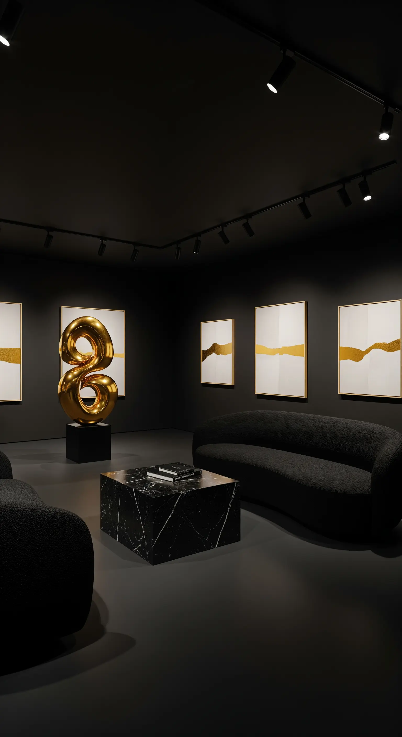 Galerie-ähnlicher Raum mit schwarzen Wänden, auf denen Kunstwerke von Spots beleuchtet werden.