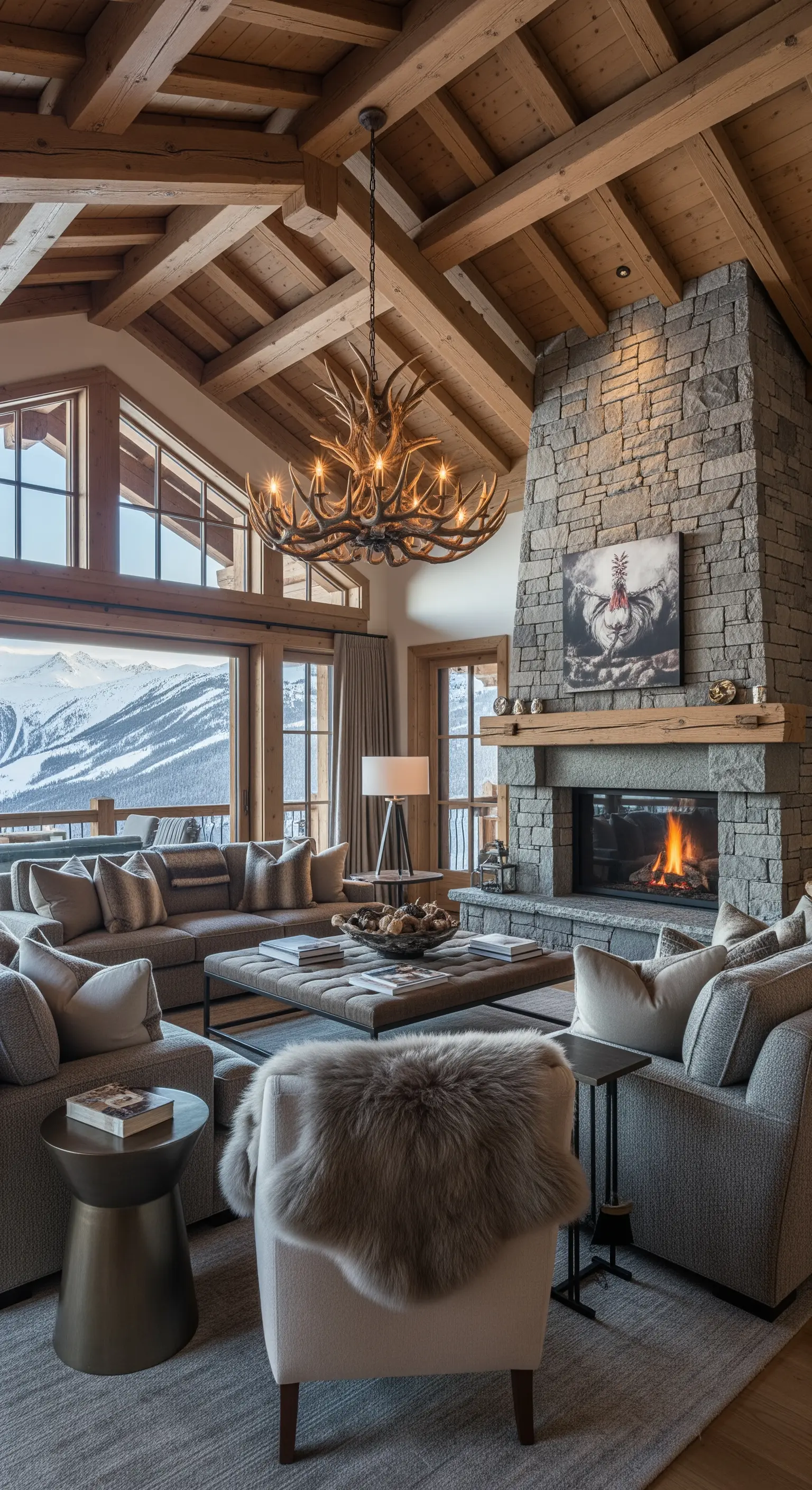 Modernes Chalet-Wohnzimmer mit Steinkamin, Holzbalken und einem Geweih-Kronleuchter.
