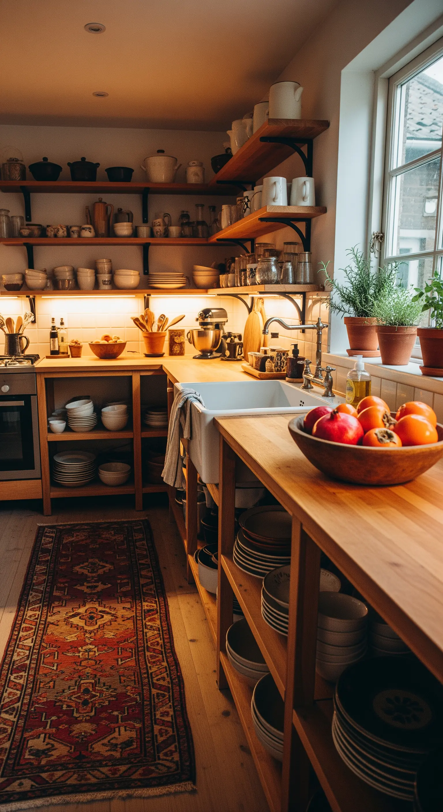 Eine gemütliche Küche mit offenen Holzregalen, die von unten beleuchtet sind