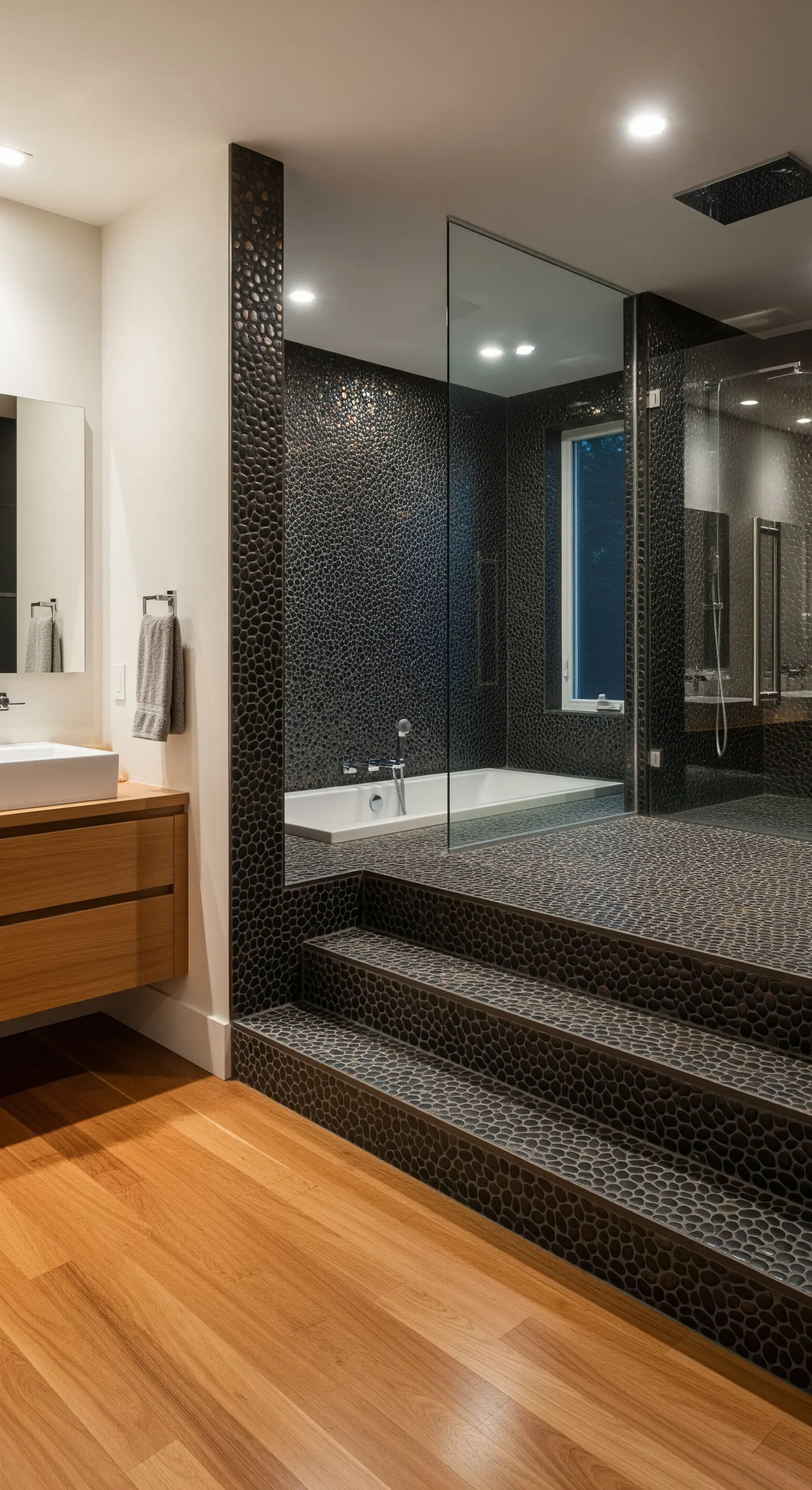 Modernes Badezimmer mit einem erhöhten Badebereich, der mit schwarzen Kieselsteinen gefliest ist.