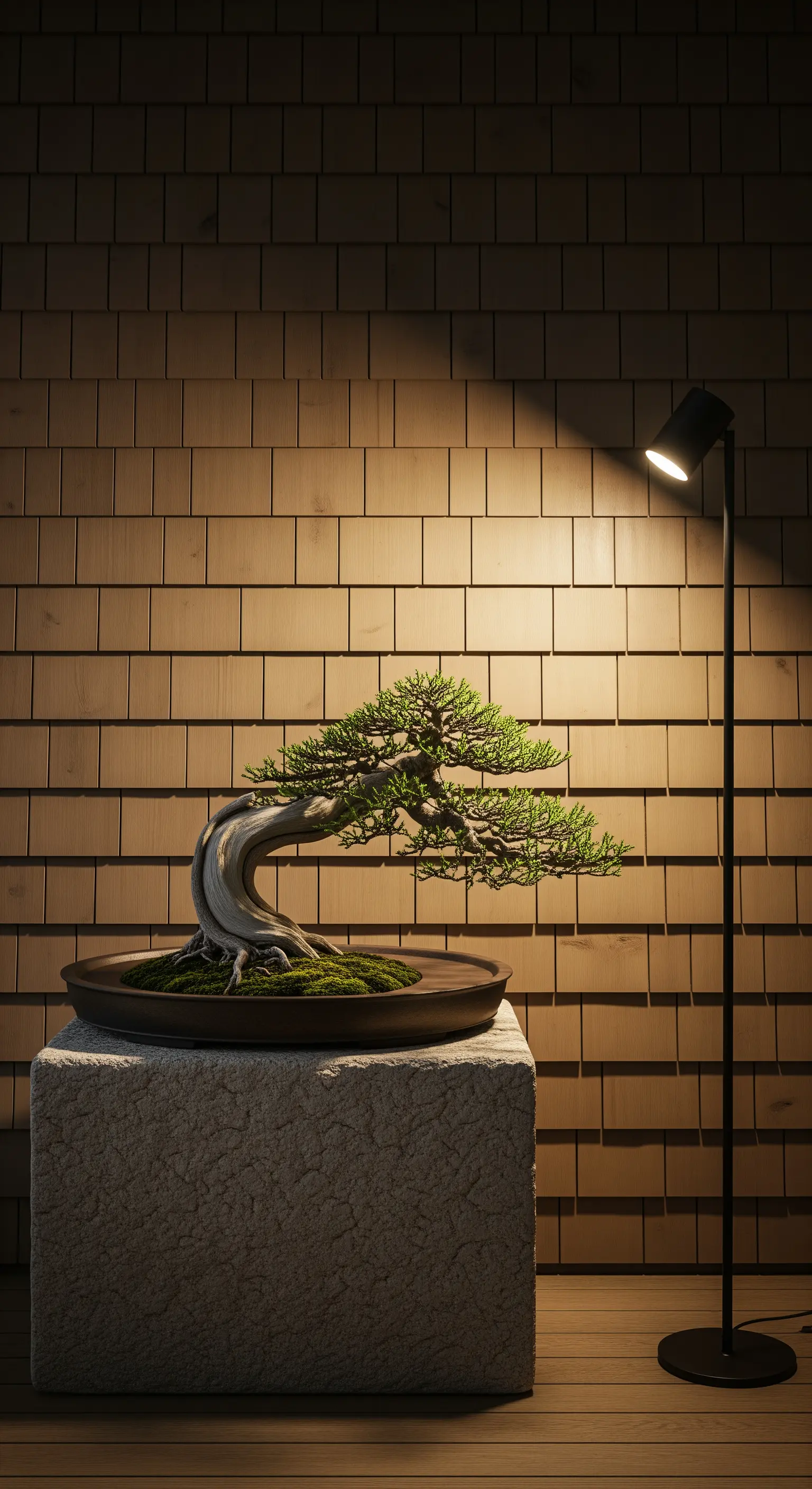 Beleuchteter Bonsai auf Steinsockel vor Holzschindelwand auf Balkon