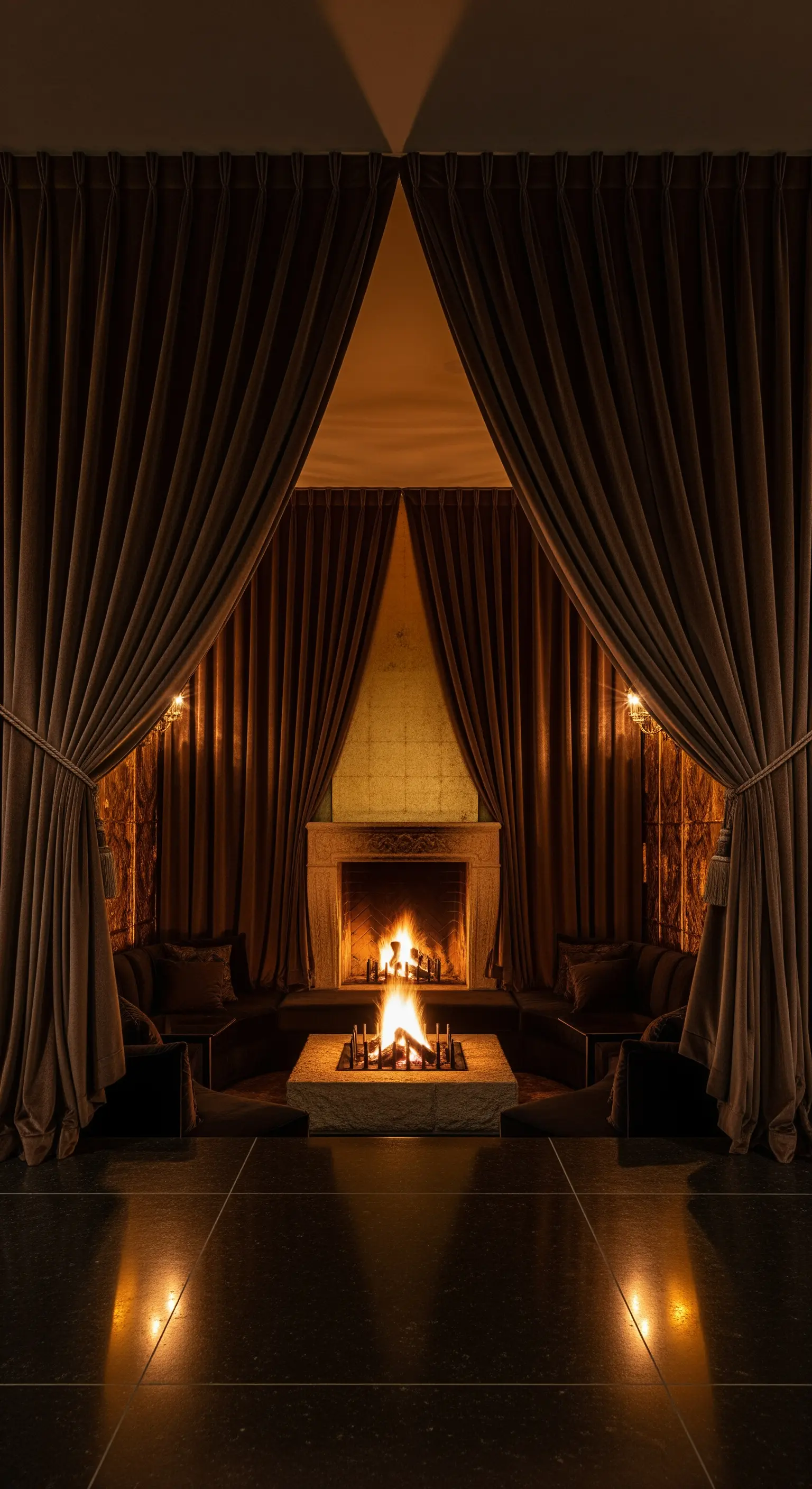Kamin mit loderndem Feuer, gerahmt von braunen Samtvorhängen und sanftem Licht