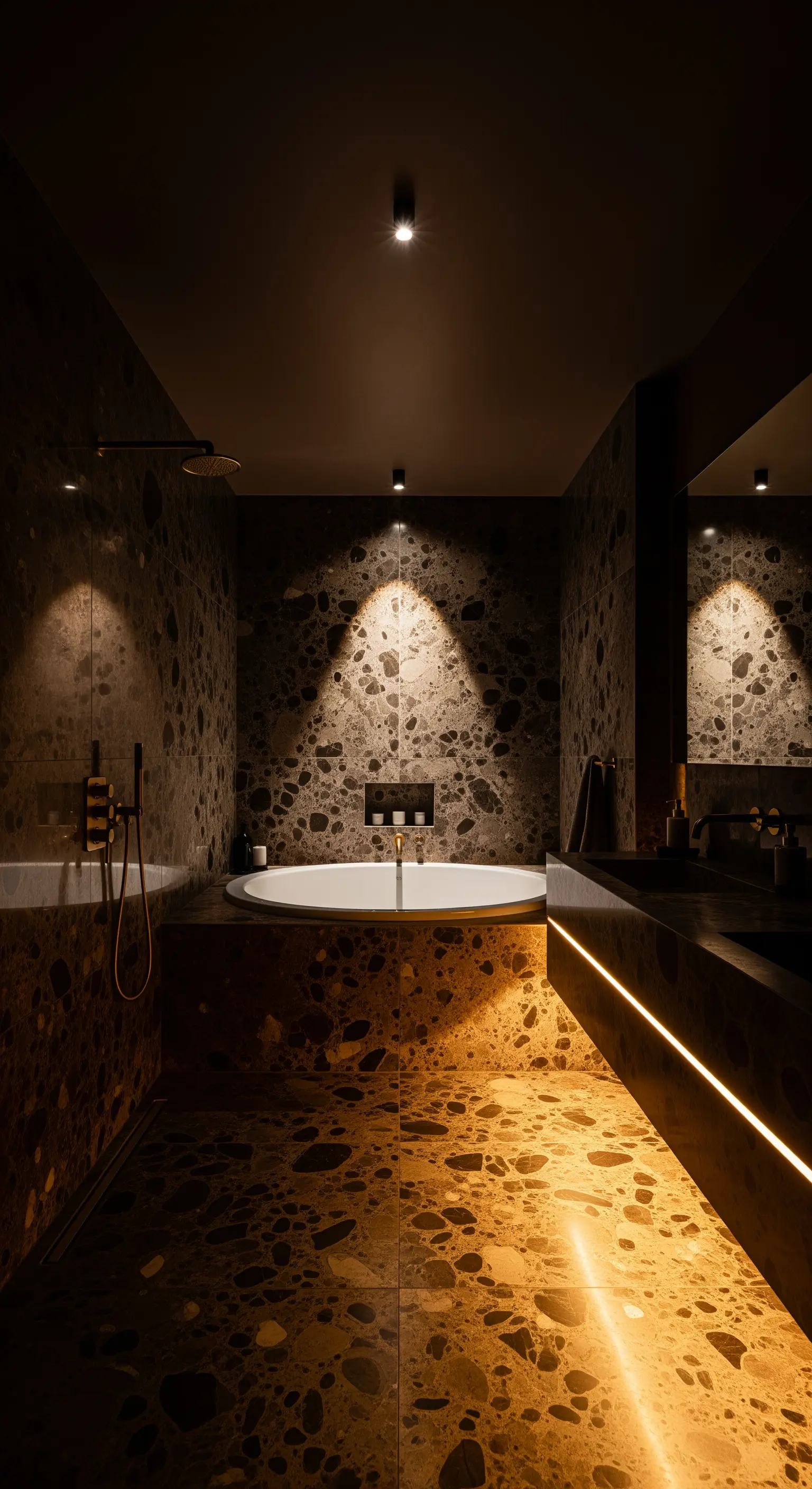 Dunkles Badezimmer, in dem ein einzelner Spot die weiße Badewanne beleuchtet.