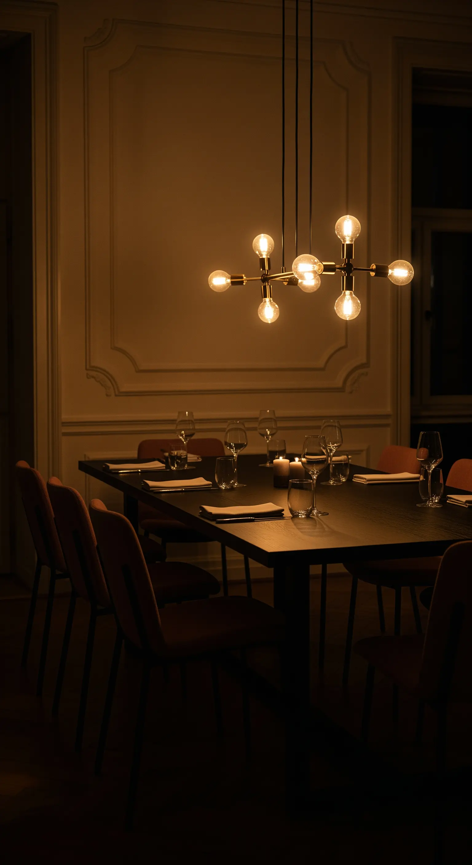 Dunkel gehaltener Essbereich, der nur von einem modernen Kronleuchter beleuchtet wird.