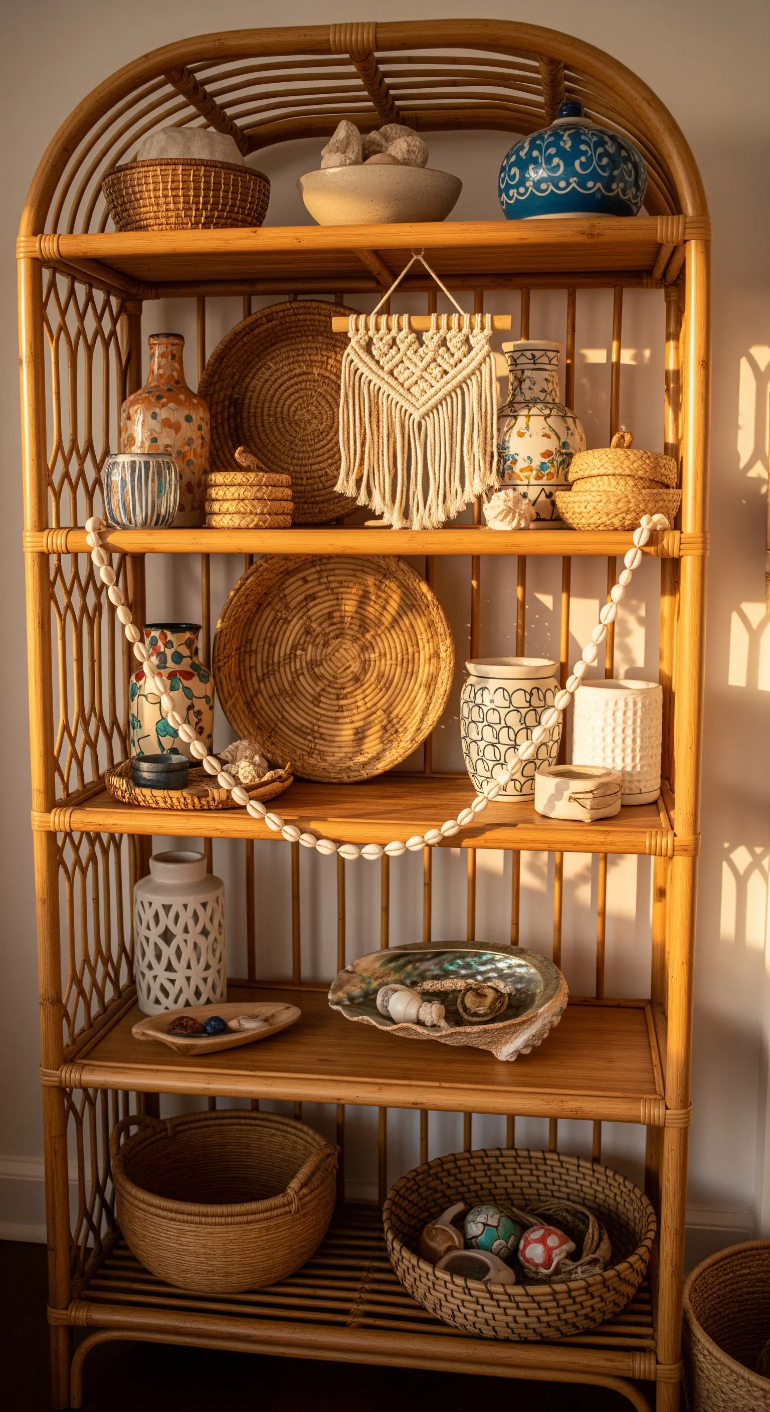 Ein Rattan-Regal voller gesammelter Schätze wie Körbe, Vasen und Muscheln.