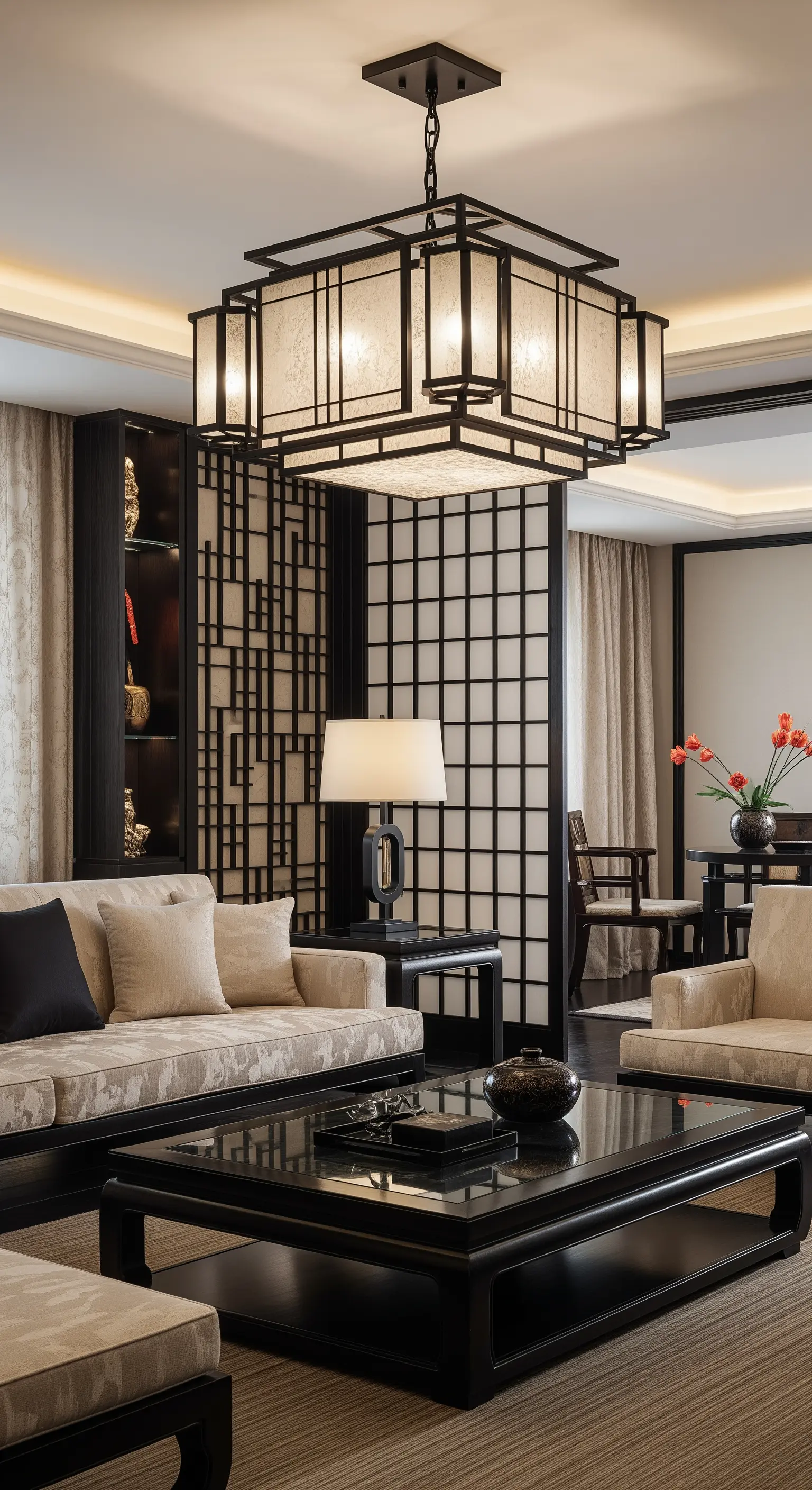 Asiatische Laternen-Leuchte in einem eleganten Wohnzimmer mit dunklen Holzmöbeln und Raumtrenner.