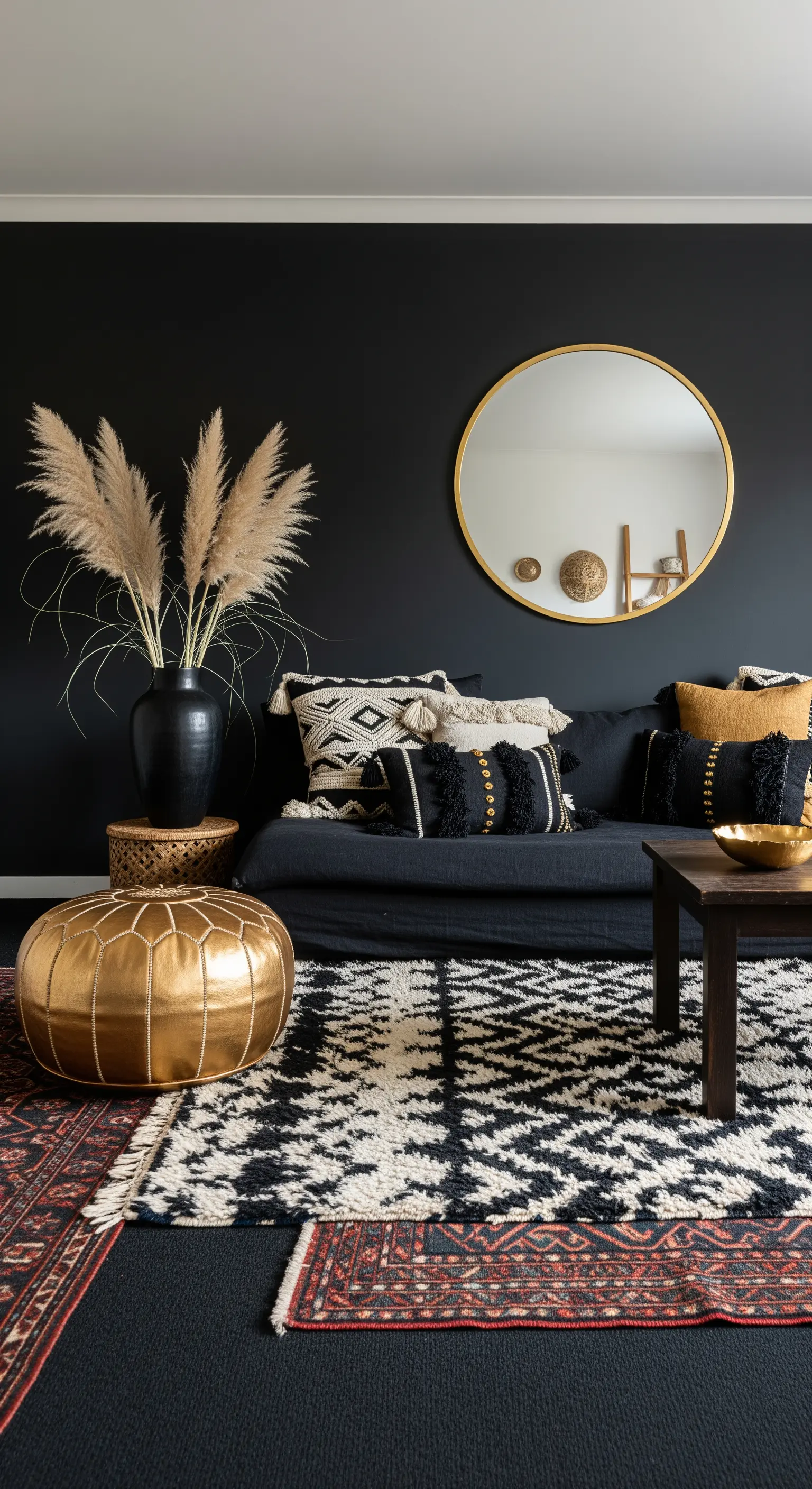 Boho-Wohnzimmer mit schwarzer Wand, vielen texturierten Kissen und einem goldenen Leder-Pouf.