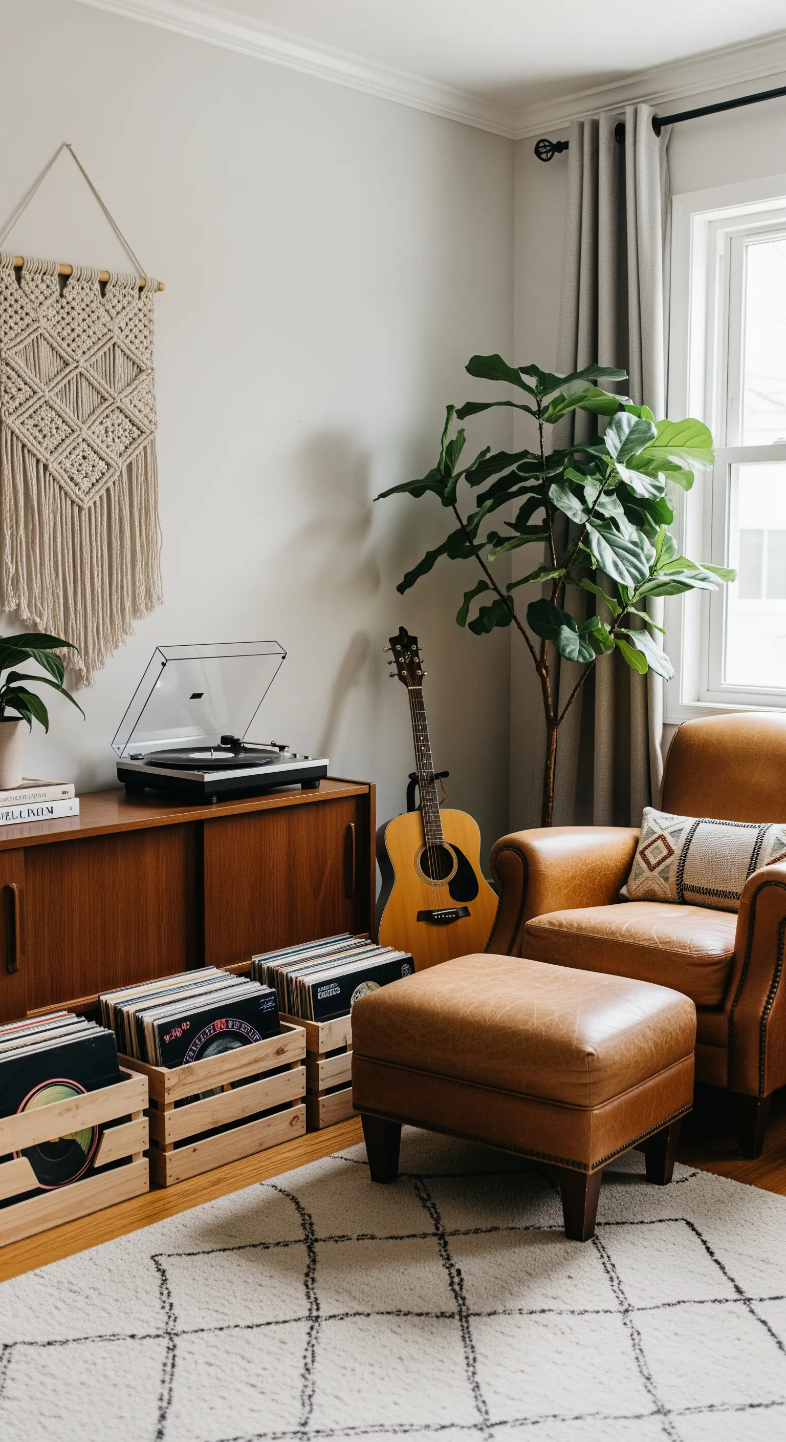 Boho-Musikecke mit Plattenspieler, Vinyl-Kisten, Gitarre und einem Ledersessel.