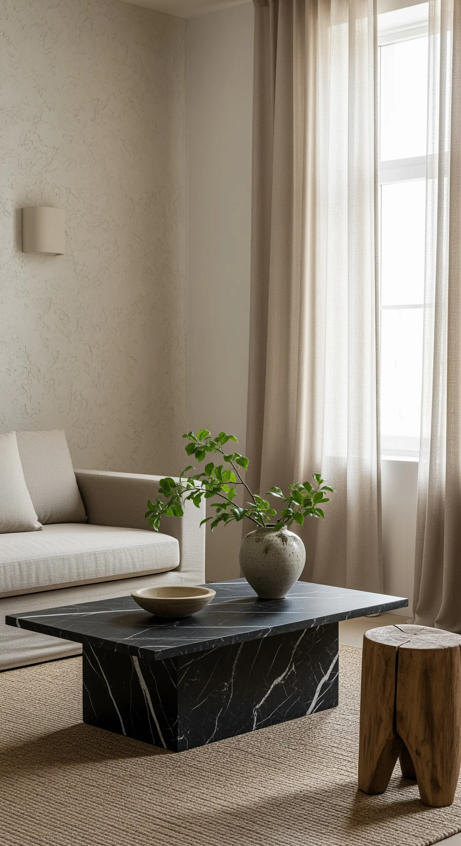 Niedriger, blockartiger schwarzer Marmortisch in einem minimalistischen, naturverbundenen Wohnzimmer.