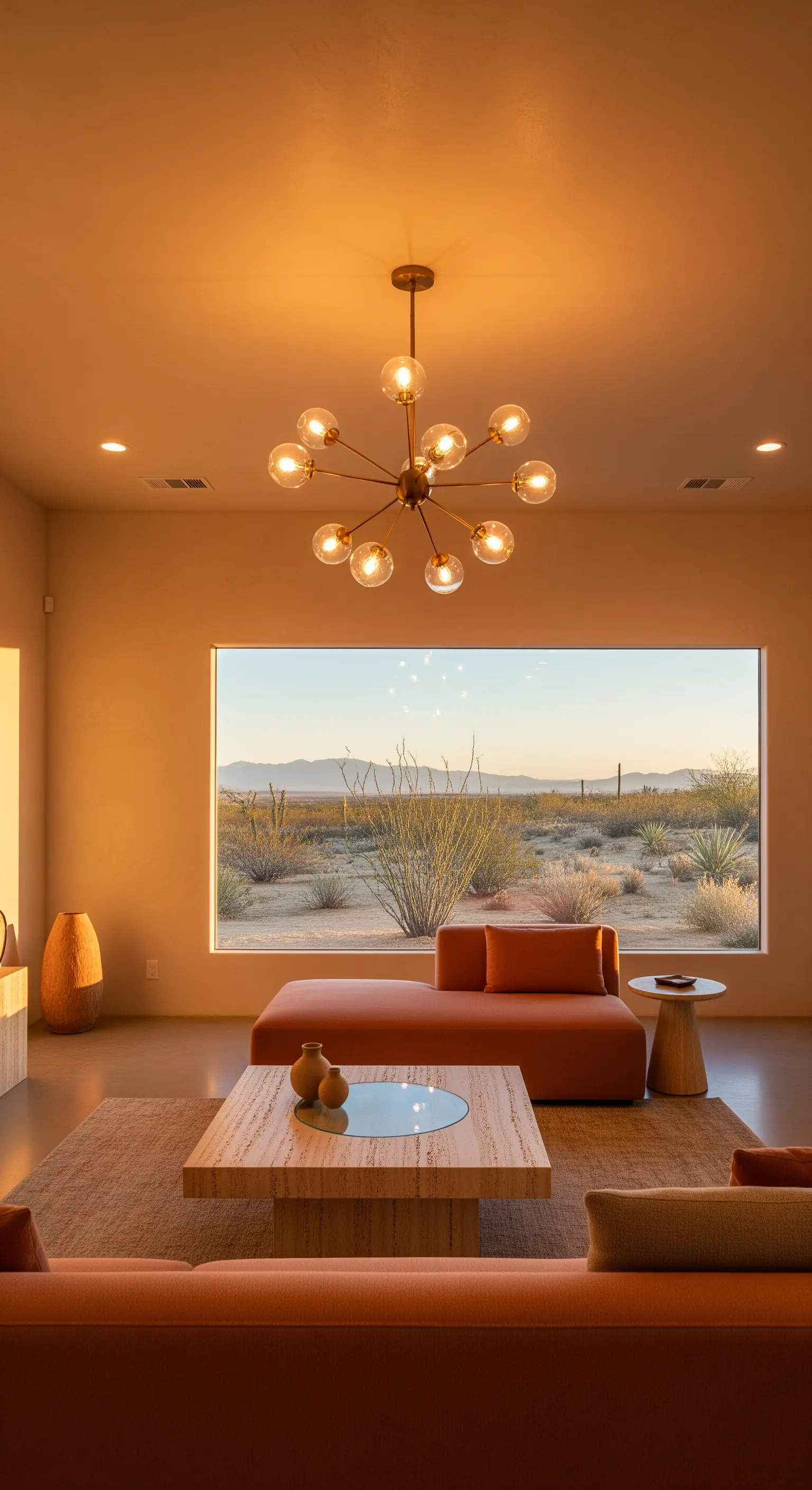 Goldene Sputnik-Leuchte in einem Wüsten-Wohnzimmer mit Panoramafenster bei Sonnenuntergang.