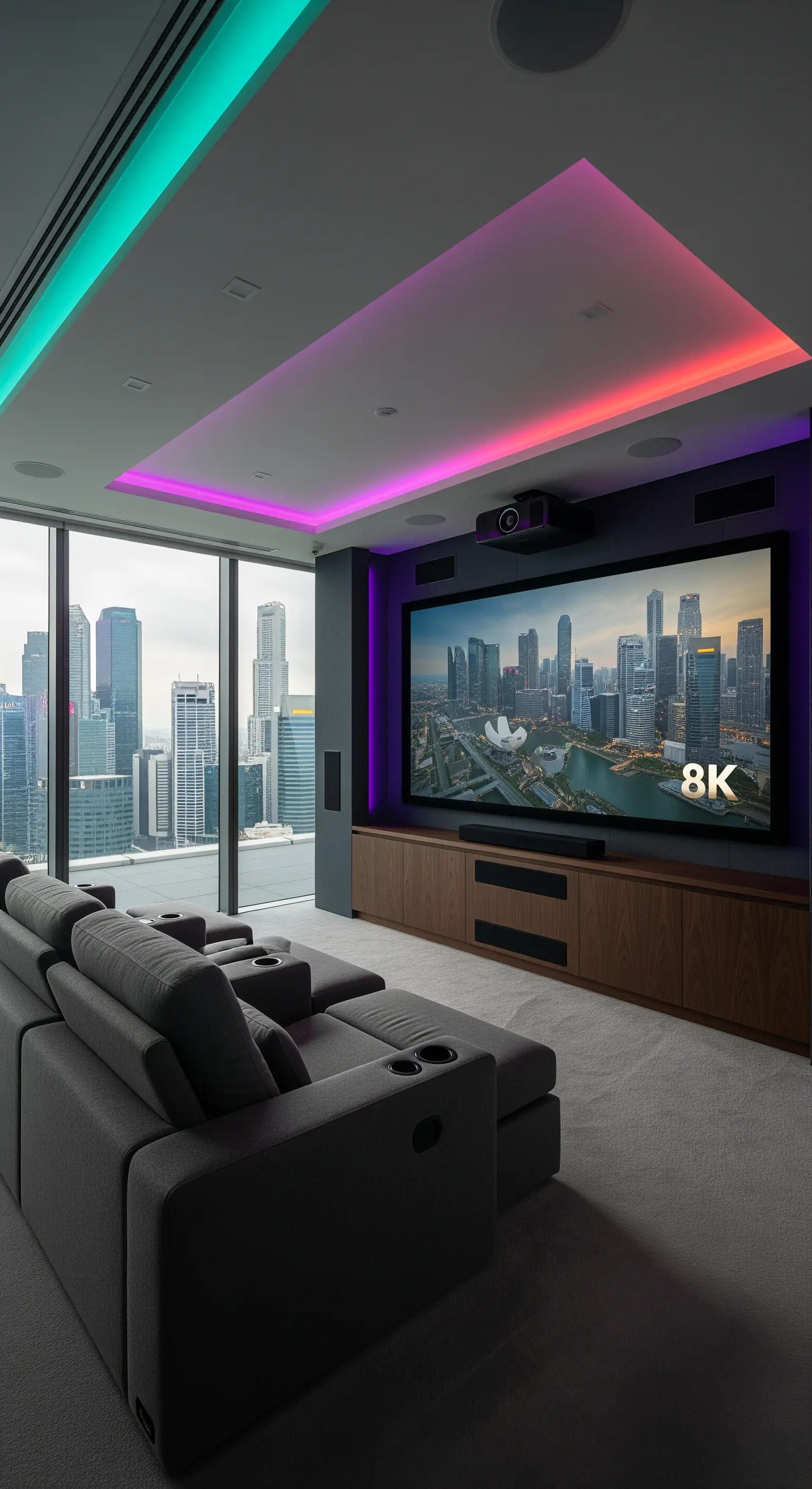 Modernes Heimkino mit großer Leinwand, Kinosesseln und farbiger LED-Deckenbeleuchtung.