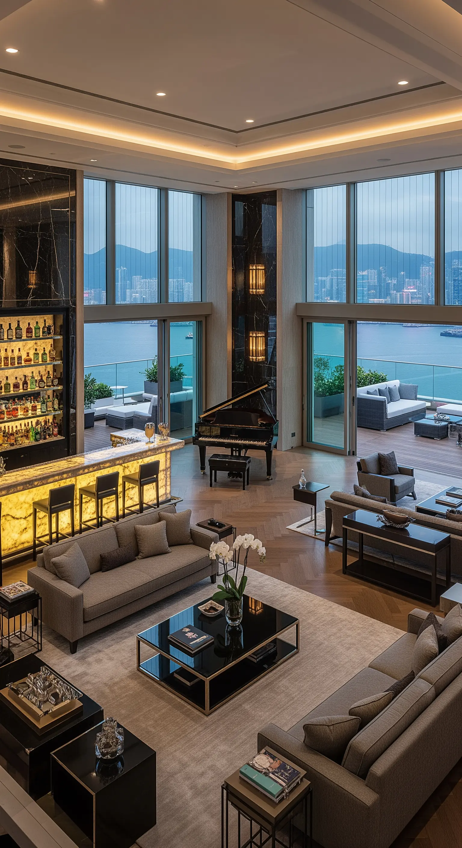 Großes Penthouse-Wohnzimmer mit einer beleuchteten Onyx-Bar, Piano und Blick auf das Wasser.