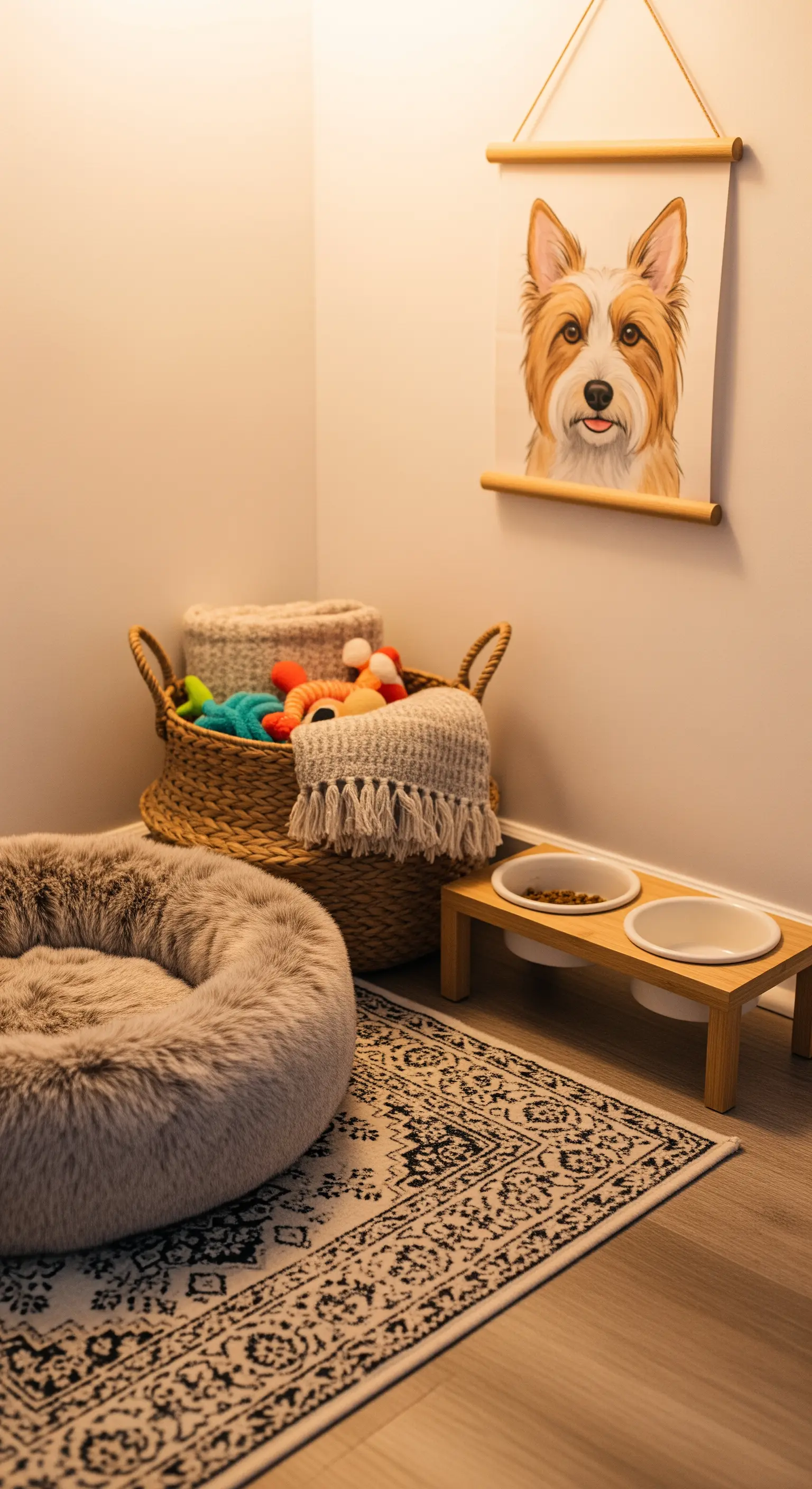 Eine gemütliche Ecke für einen Hund mit einem weichen Bett, einem Korb für Spielzeug und einem Poster