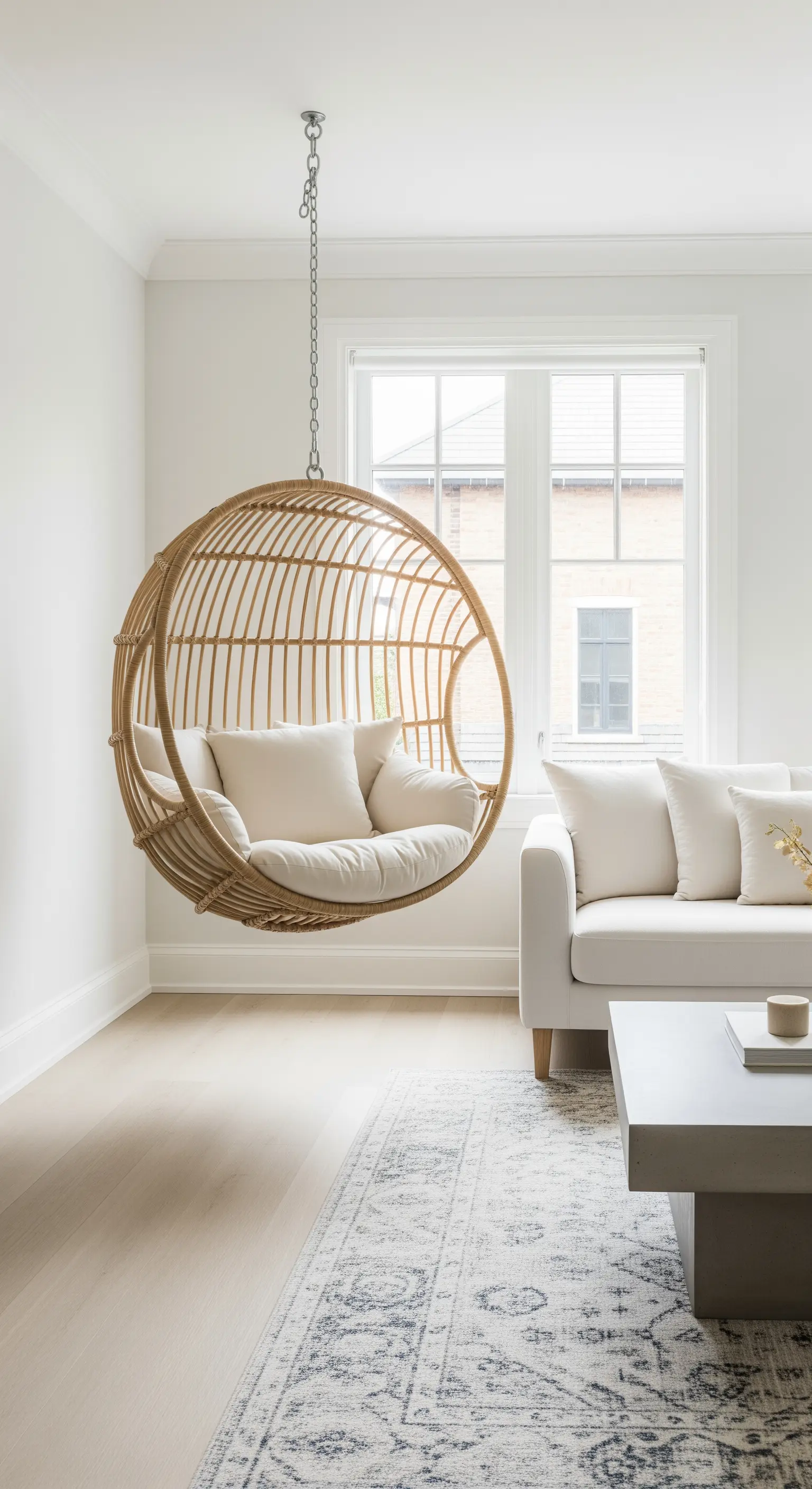 Eleganter Rattan-Hängesessel mit weißen Kissen in einer hellen Wohnzimmerecke.