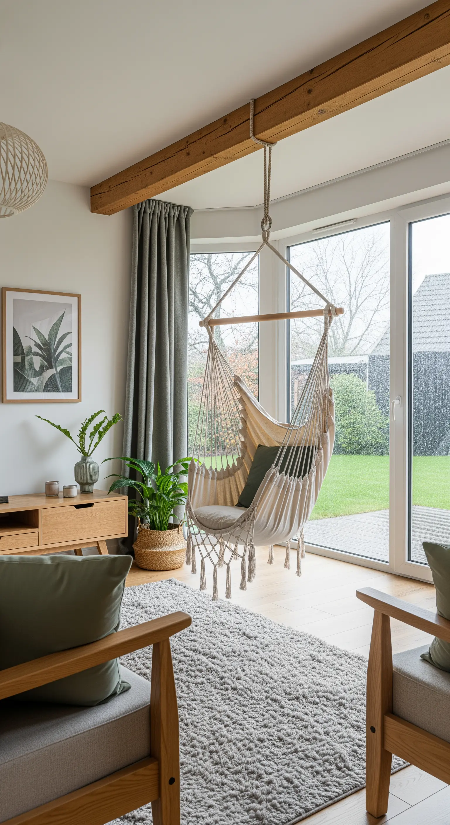 Ein Makramee-Hängesessel vor einem großen Fenster in einem modern eingerichteten Wohnzimmer.