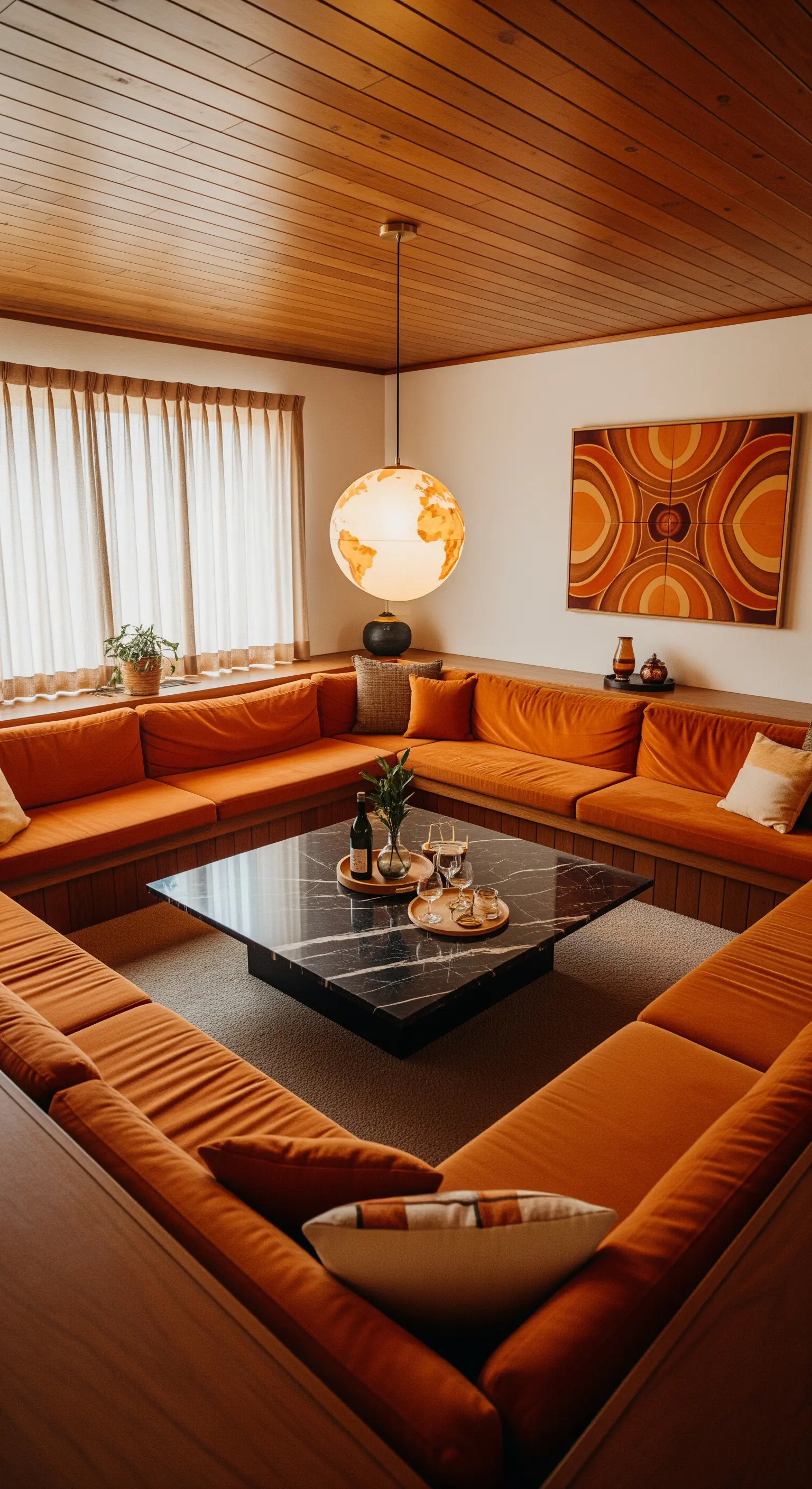 Schwarzer Marmortisch im Zentrum einer orangefarbenen Conversation Pit im 70er-Jahre-Stil.