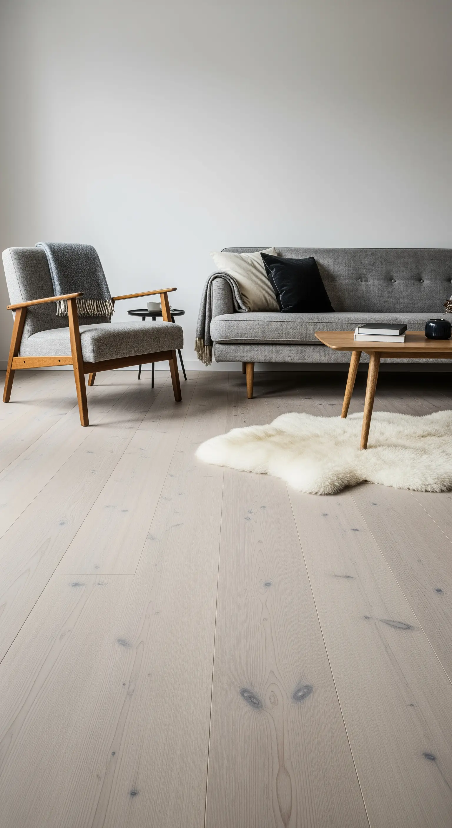 Skandinavisches Wohnzimmer mit grauen Möbeln und einem weißen Lammfell auf dem Holzboden