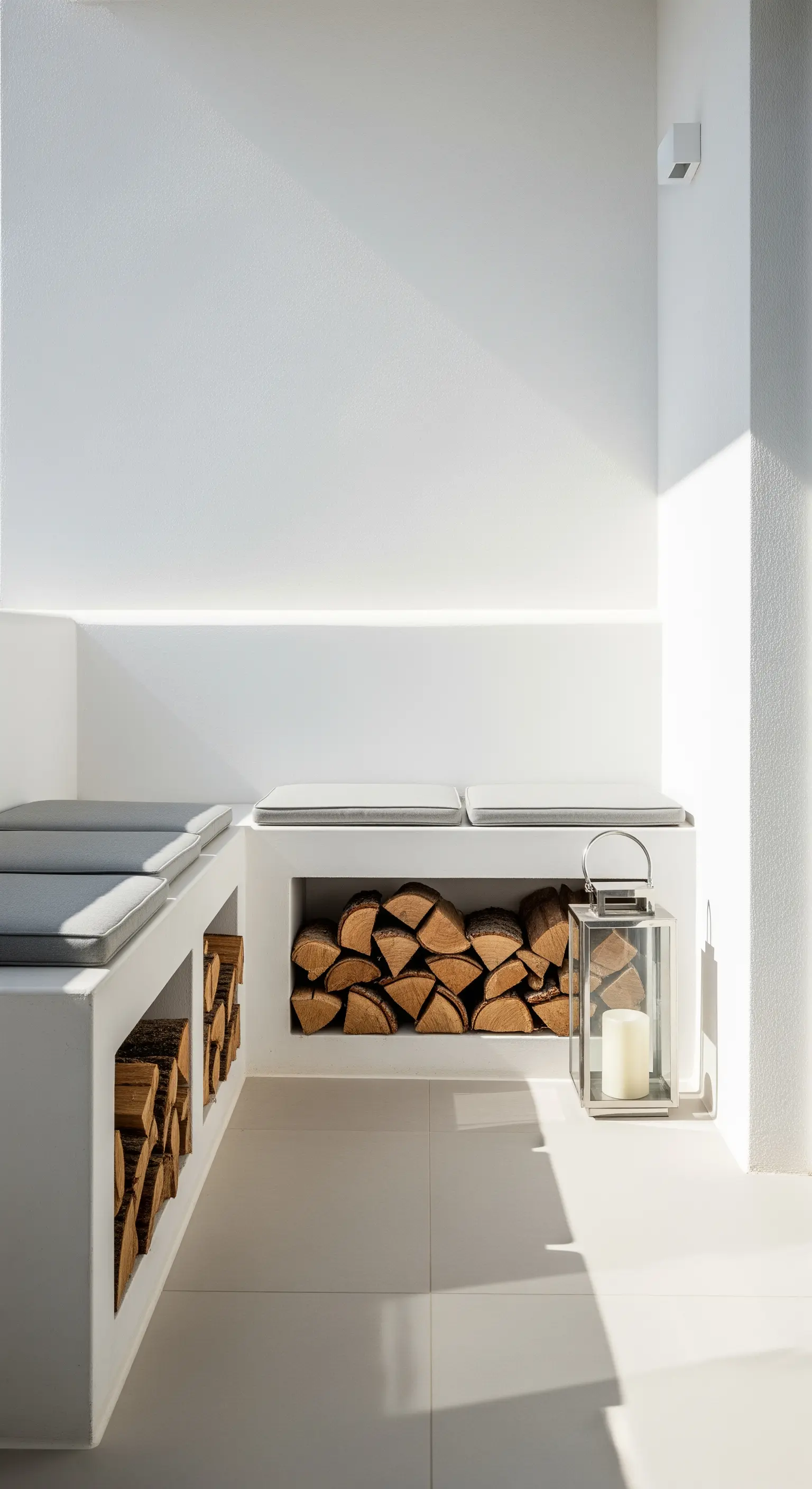 Weiß verputzte Einbaubank mit Holzscheit-Lagerung und grauen Polstern