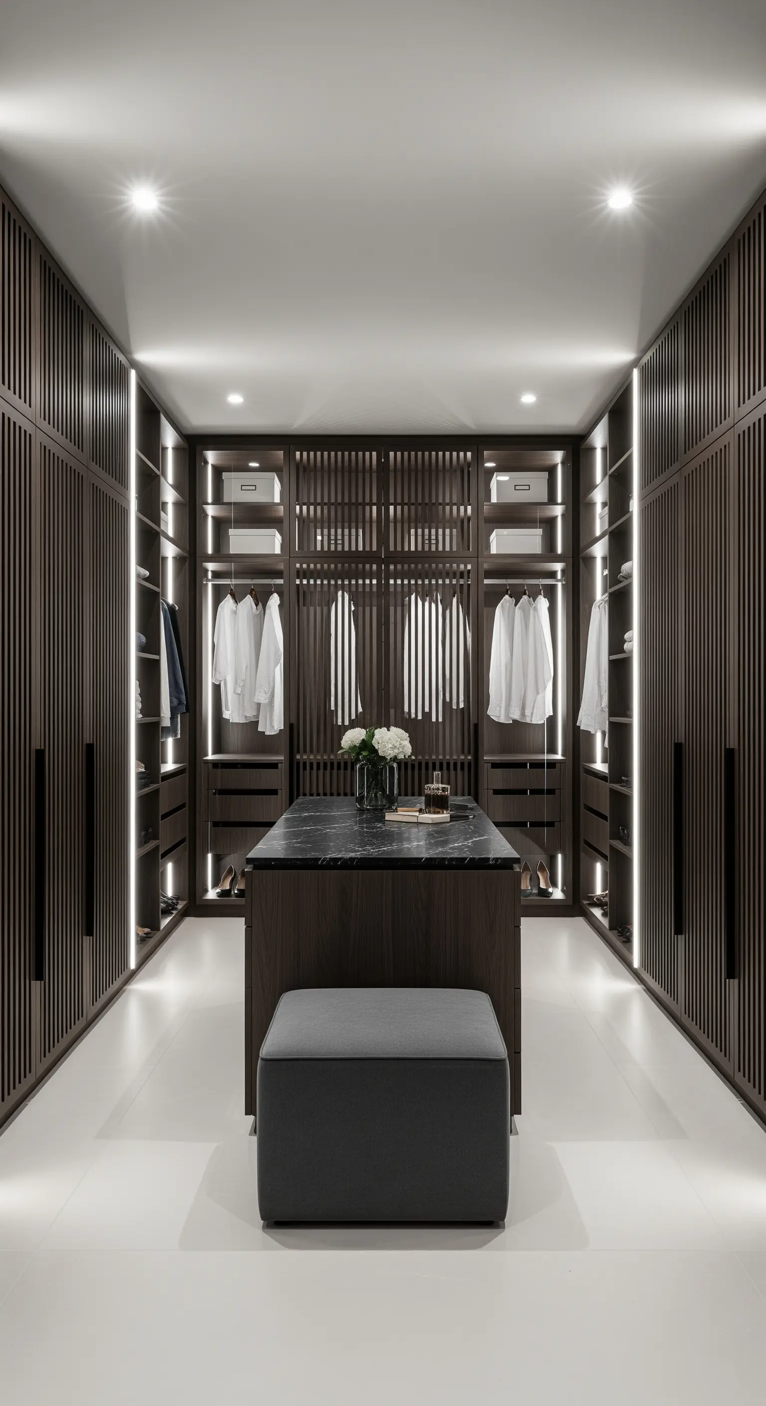 Ankleidezimmer mit dunklen Holzlamellen-Schränken und integrierter vertikaler LED-Beleuchtung.