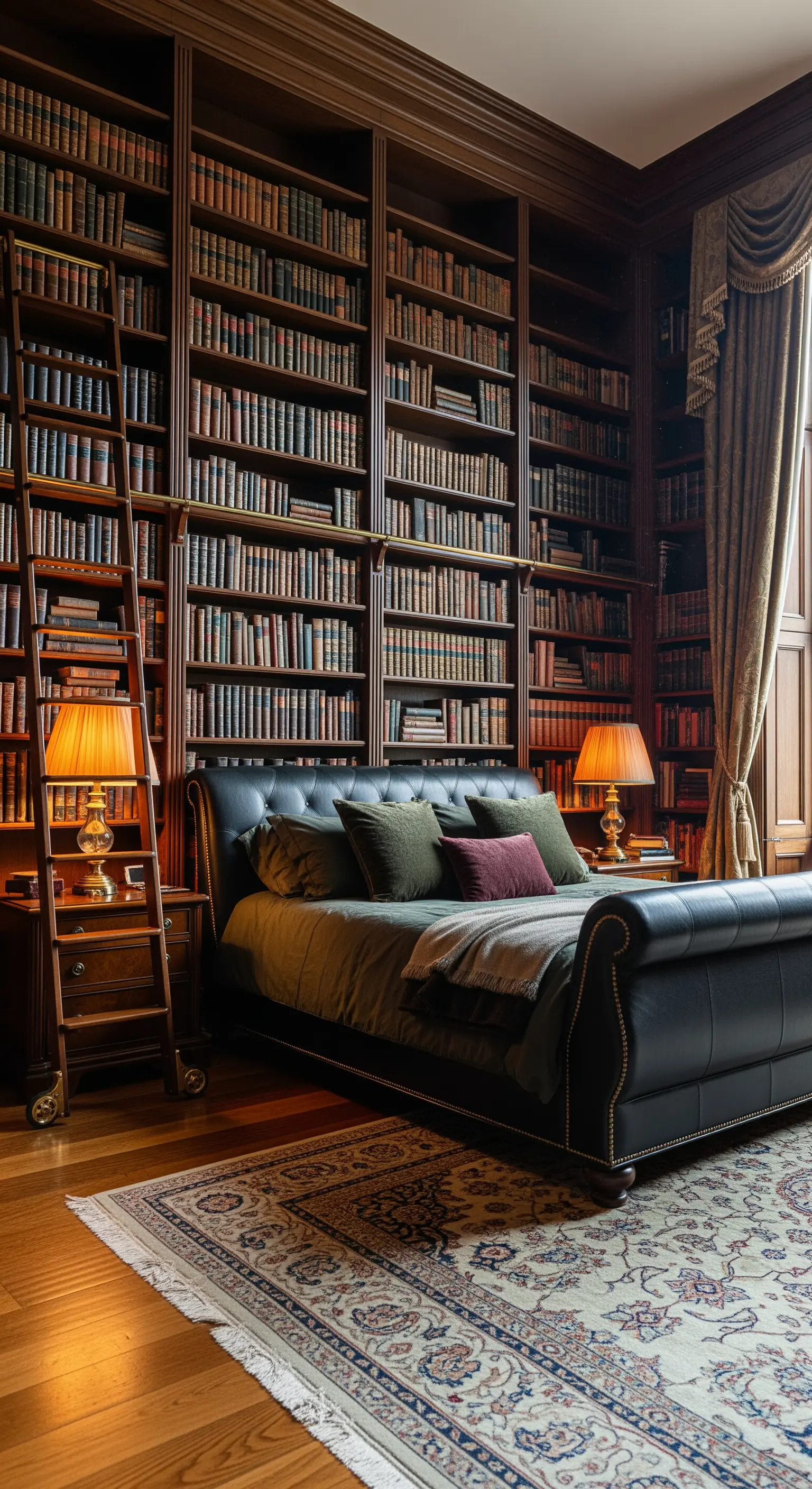 Schlafzimmer mit raumhohen Bücherregalen, schwarzem Schlittenbett und Leiter