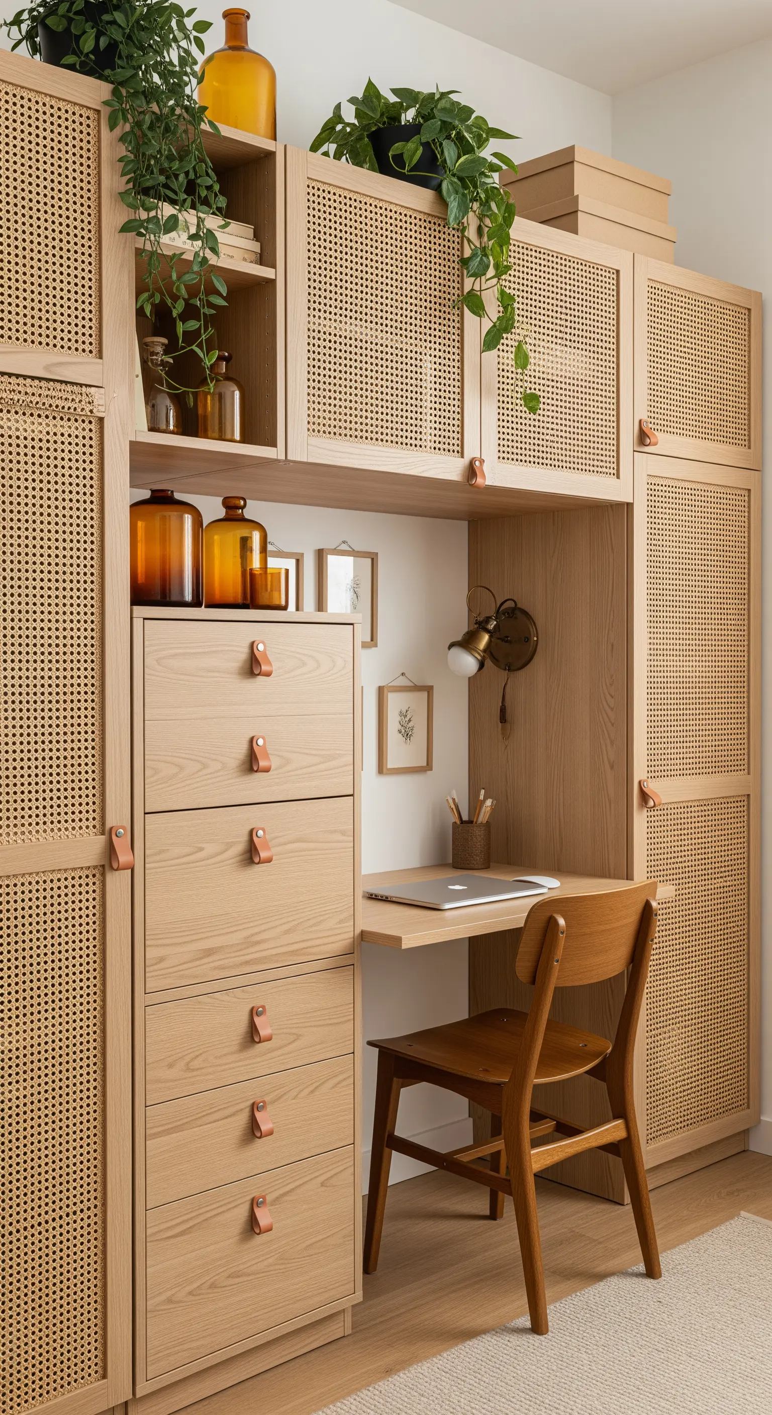 Kompakter Arbeitsplatz integriert in eine helle Holzschrankwand mit Wiener Geflecht