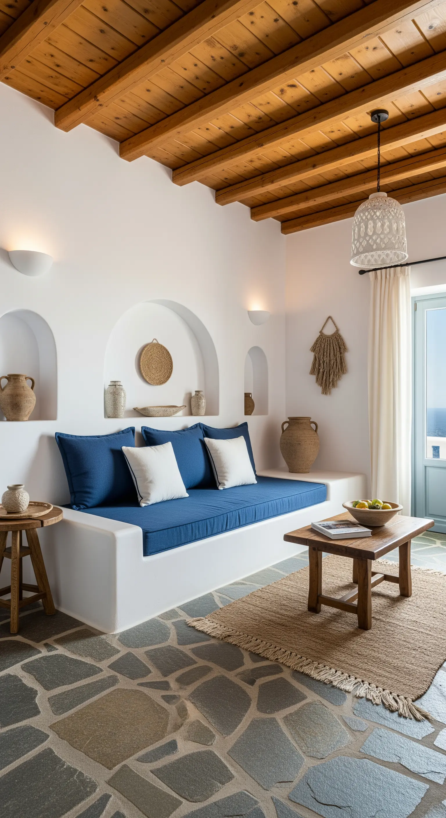 Mediterranes Wohnzimmer mit weißer, gemauerter Sitzbank und blauen Kissen.