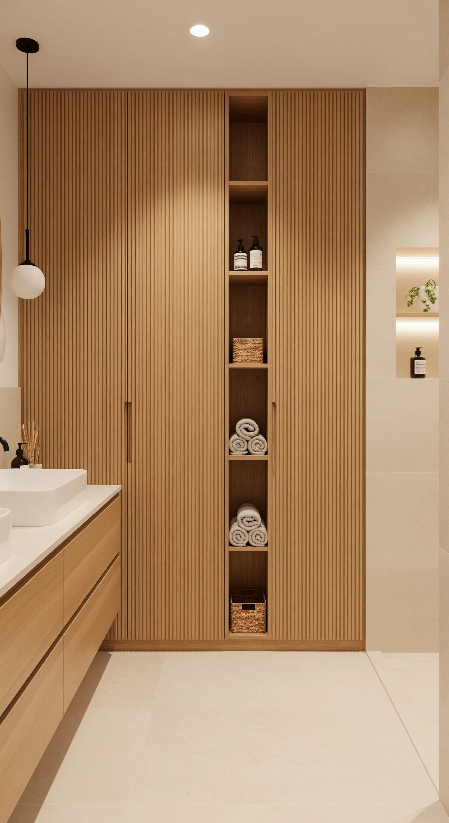 Offene Nische in einem raumhohen Einbauschrank aus Holzlamellen im Japandi-Stil.