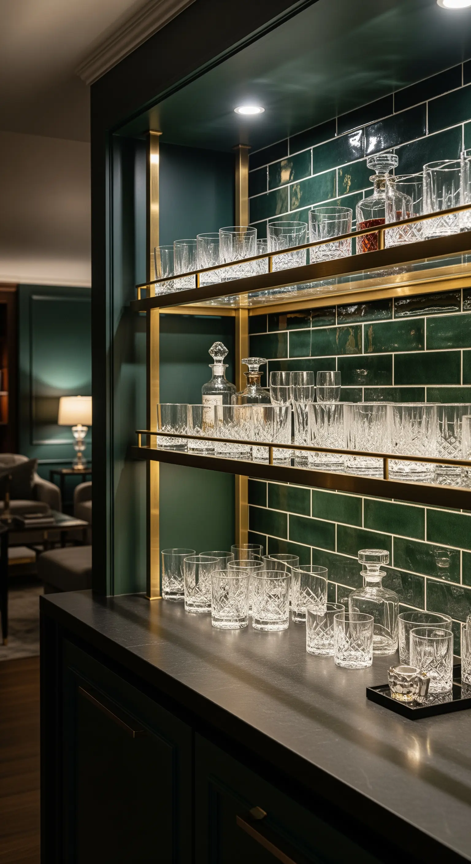 Integrierte Hausbar mit grünen Fliesen, Messingregalen und Kristallgläsern