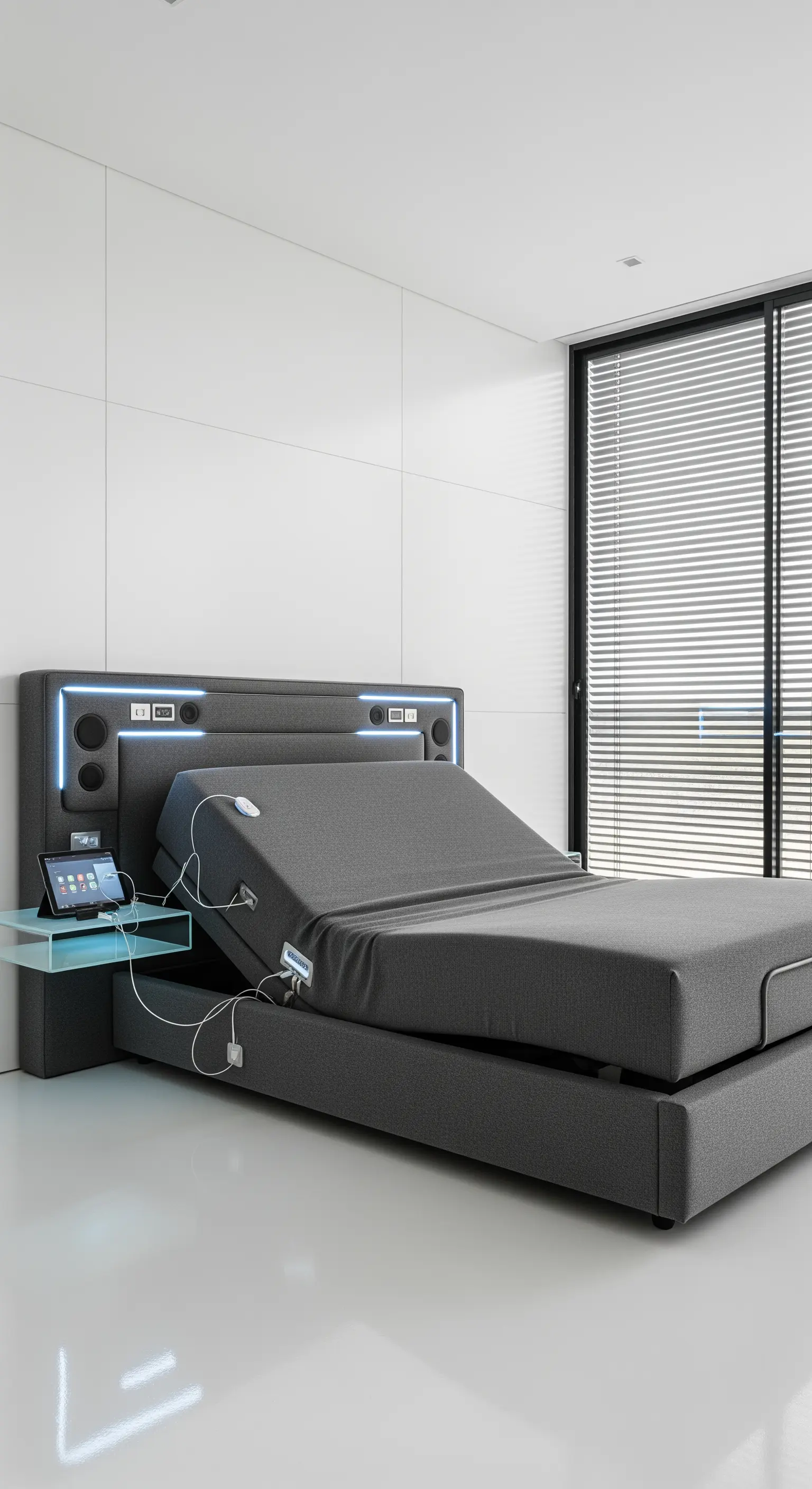 Modernes Smart-Bett in Anthrazit mit verstellbarer Liegefläche und integrierter Technik