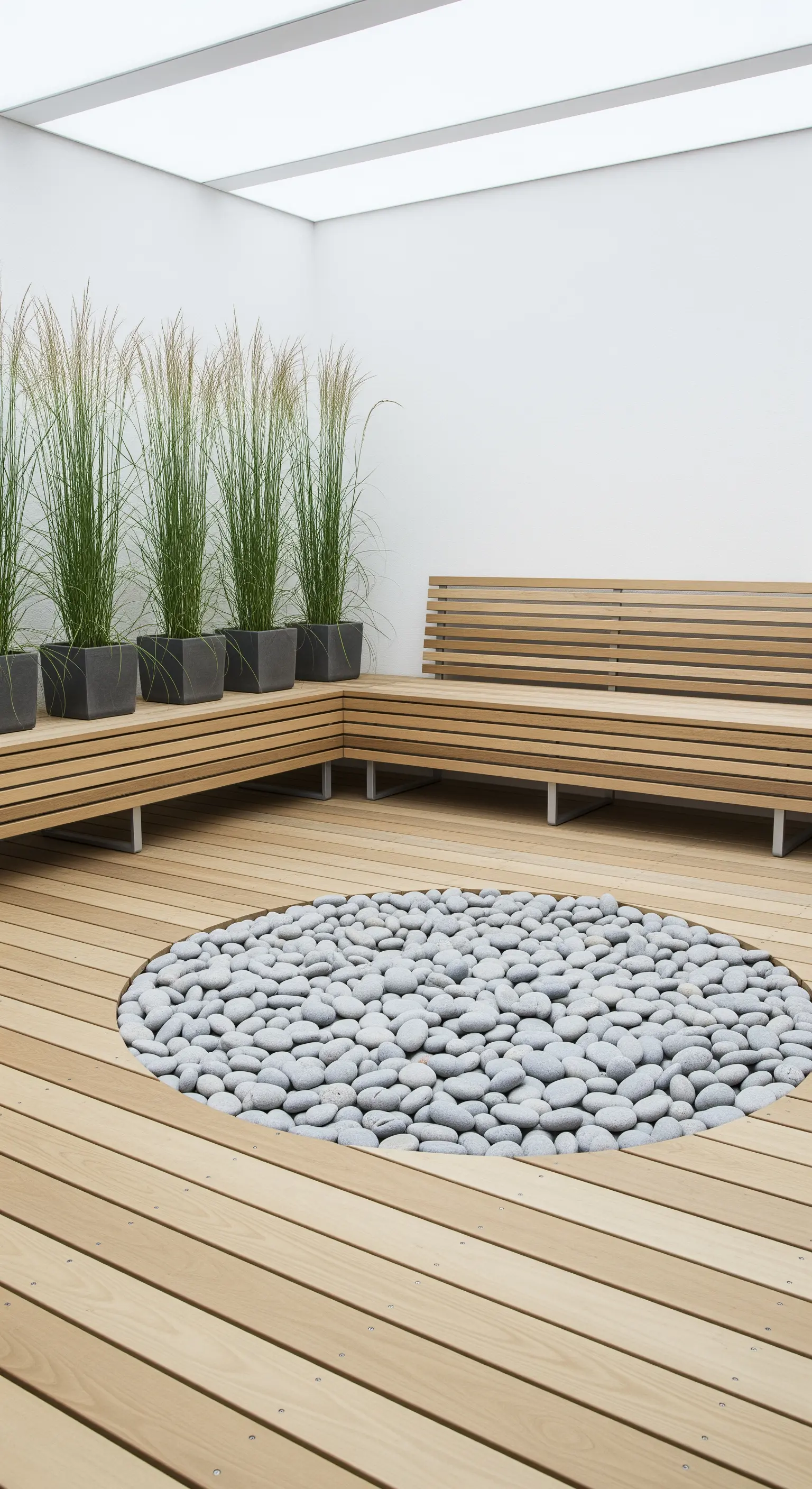 Holzterrasse mit rundem Kiesbeet und hohen Ziergräsern