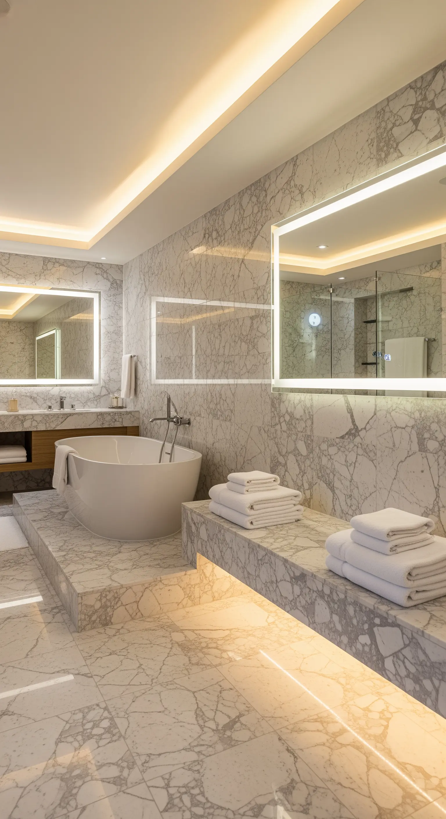 Luxuriöses Marmorbad mit indirekter Beleuchtung unter einer Handtuchablage.