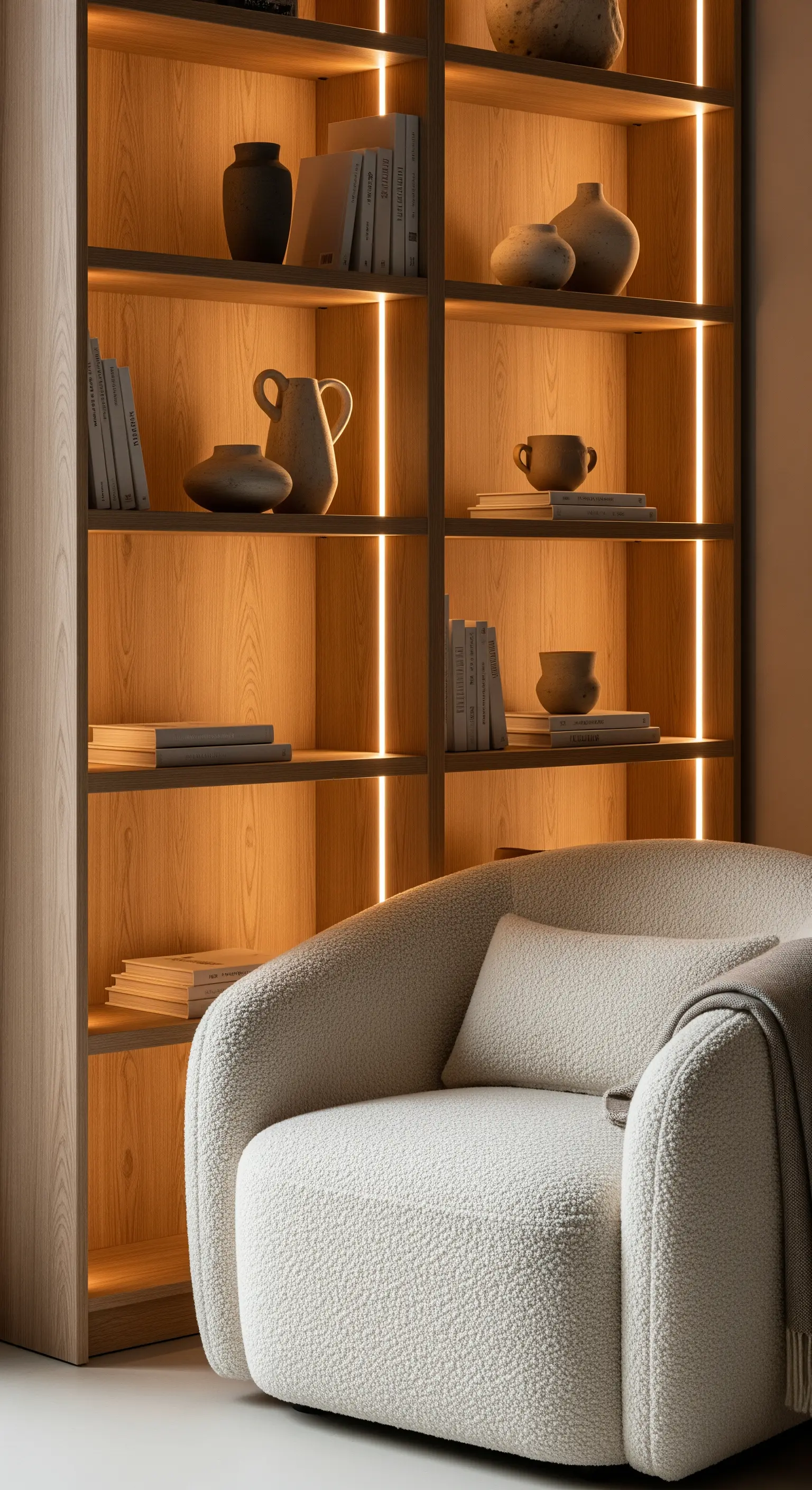 Ein Holzregal mit integrierten vertikalen LED-Streifen, die Keramik und Bücher beleuchten.